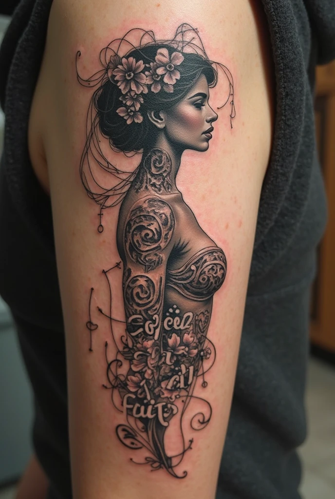 Tattoo with a design to accompany the silhouette of a woman, on the ribs of man