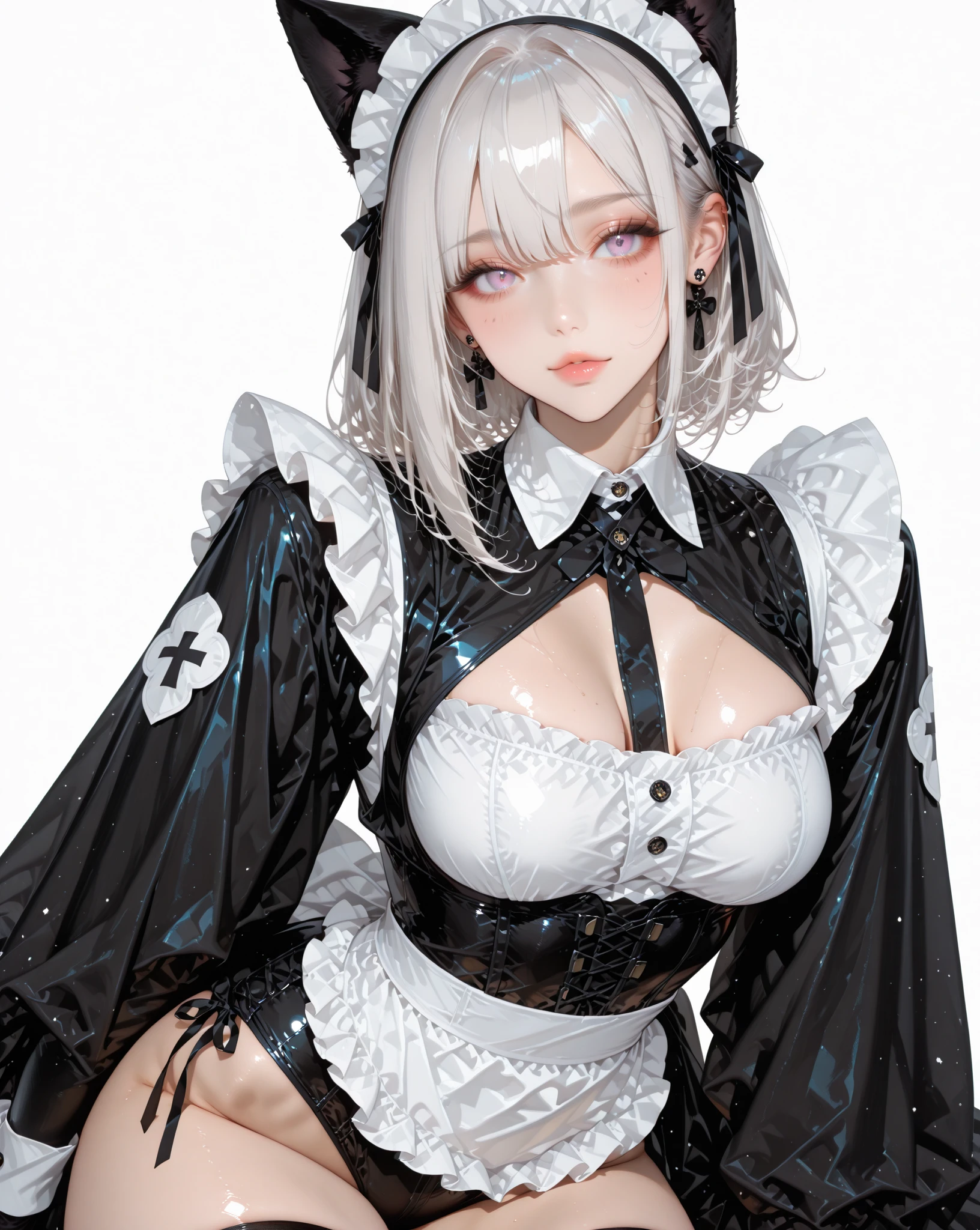 sexy futanari woman, black bunny outfit, black bunny ears, White collar, red bow tie, Black leather corset, (dent in the skin:1.4), showing cleavage, red leather gloves, fishnet stockings, crawling out of the birthday cake, dynamic pose, whole body, runny makeup, after sex, slave, ahegao, vum on breasts, cum om face, licking cum, bukkake, white skin, white hair 