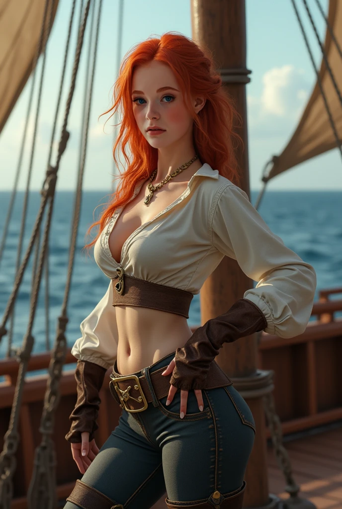 8K,(masutepiece, Best Quality:1.4), (Pirate Ship), (erotic posing:1), 1 girl in, (((Live-action)))Solo, (European youth:1), Nami de One Piece, Tattoo on the right shoulder, hyper realisitic, High detailed skin, Digital SLR, Soft lighting, High quality, Highly detailed face, Highly detailed eyes, highly detailedskin, The skin, Subsurface scattering, Full face blush, Highly detailed face, Highly detailed eyes, beautiful expression, Full lips, Detailed background, depth of fields, Supergianthugebreasts、Volumetric lighting, Sharp Focus, absurderes, Realistic proportions, Good anatomy, (Realistic, hyper realisitic:1.4), 16K HDR, Daylight,SupergianthugebreastsA high resolution,super realistic skin,super beautiful expression,Fantasyart,character art,A sexy,