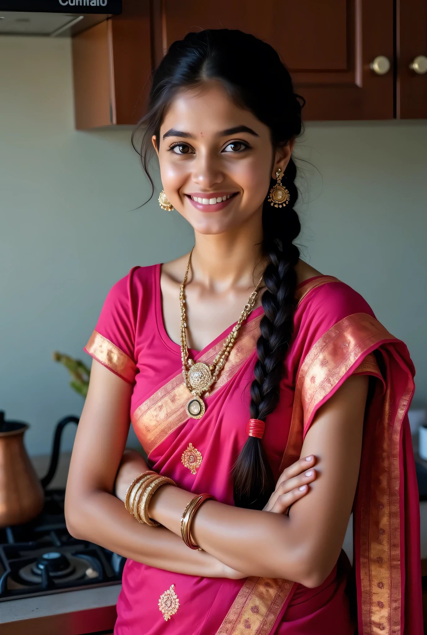 anaswarasdxl, Full image of a young girl in early 20s with smiling looks, Indian skin tone, light grey eyes, fox-eyelashes, silver color eyeshadow, glossy red lips. Her hairs are long, brunette and braided. She is wearing a fuchsia & golden Silk Georgette Embroidered saree, earrings, finger ring, nose ring, bangles and necklace. She is standing with crossed-hand in the kitchen with gas stove, tea pot and cups. Photorealistic, ultra realistic, natural lighting, ultra-detailed textures, 8K resolution, masterpiece.
