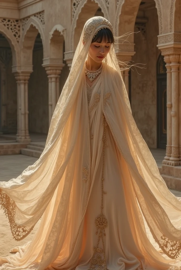 (((best quality))),(((ultra detailed))),(((masterpiece))),illustration,1girl, solo,princess, Arabic,slim,thin, ((palace, desert)),gold, gemstones,headscarf, veil on face,white sheer traditional clothing, hairband, deep eyes, elegant face, subtle smile,earrings,necklace,slender legs,high heels,sunlight, shining, serene, environment,day scene,out door,standing,((full body,from front)),((small breasts,flat chest,arms behind back))