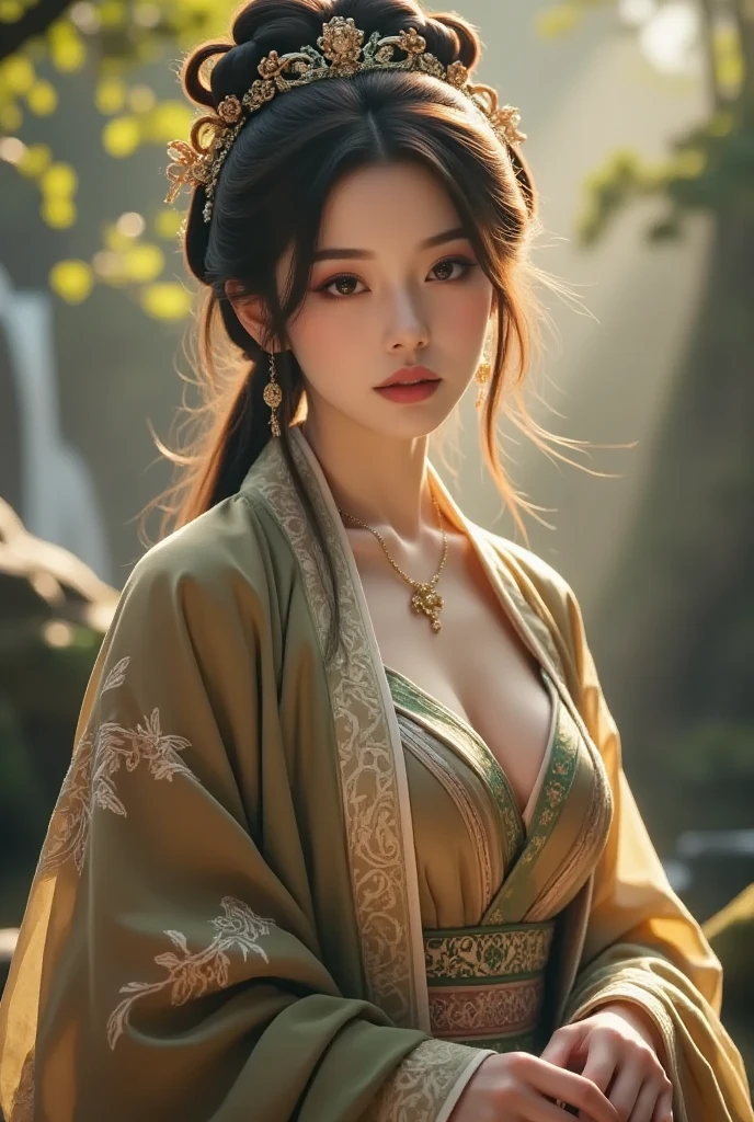 Beautiful woman、Japanese tradition、(Very large breasts)、kimono、Spectacular views、Suspicious atmosphere、Cinematic atmosphere、(best quality,4K,8K,highres,masterpiece:1.2),ultra-detailed,(realistic,photorealistic,photo-realistic:1.37)、Dim lighting、whole body、forest、forest、Dim lighting、(looking at viewer),Realistic、Like live action、Cinematic film