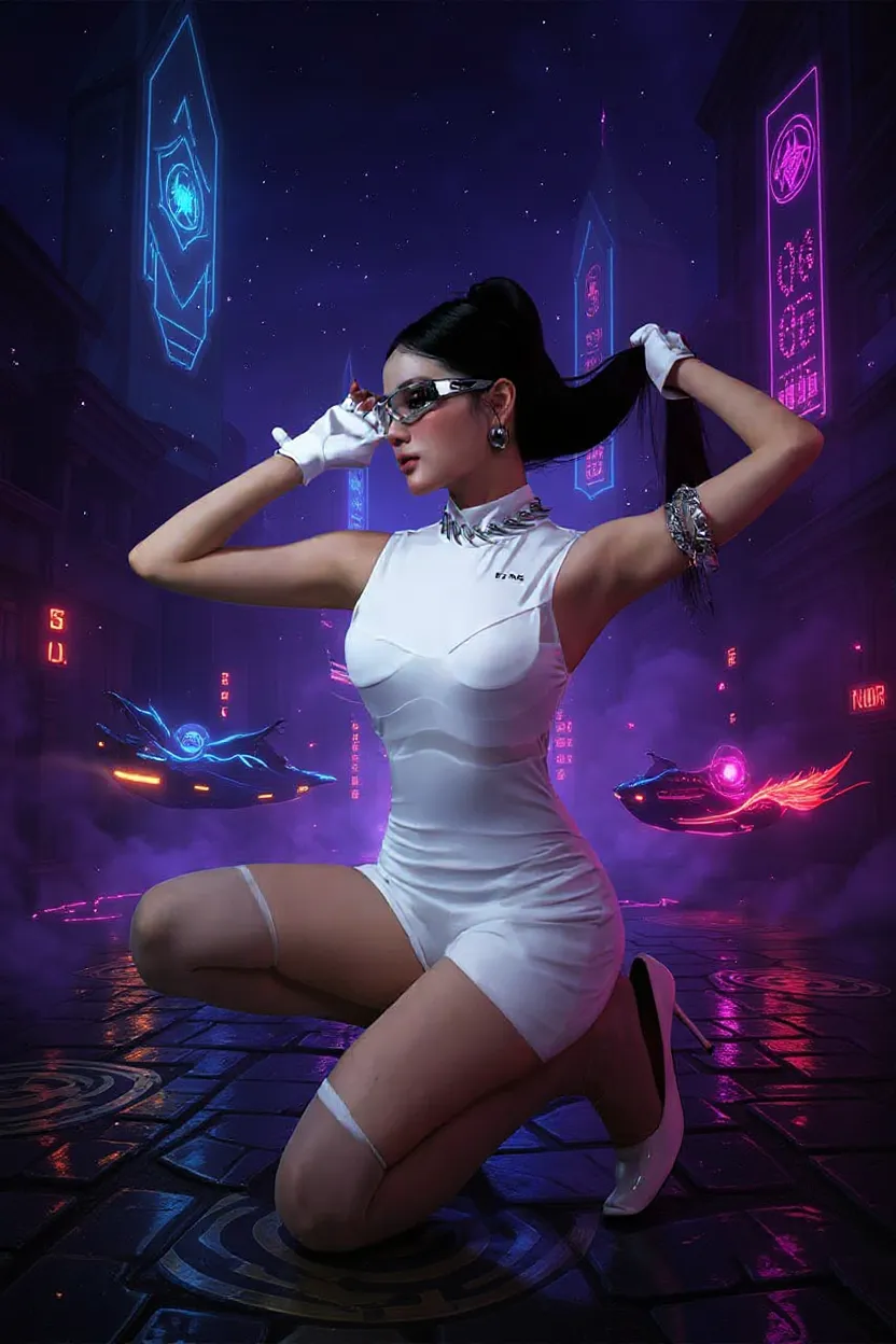 At night, dark sky, distant shot aerial view of fantasy cyberpunk style ice ((Moai-statue)) city, ((flying car)). ((1girl, solo, alone)), medium-breast:1.1 slim body, cleavage, sexy clothes, (headphone, black sunglasses, long black realistic hair), (((hip-up standing and holding pistol))), half-body thigh level medium shot, cinematic lighting.