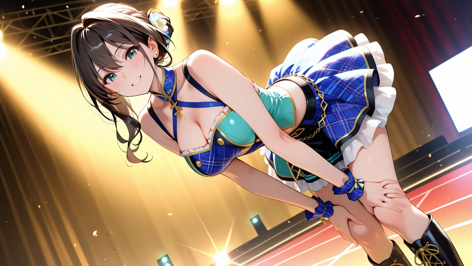 top-quality、Full limbs、complete fingers、One beautiful woman、Beautiful Large Breasts、poneyTail、Medium hair、Brown hair、Woman in light blue and white pattern figure skating dress、Flesh-colored pantyhose、A smile、Ice rink、Figure skating arena