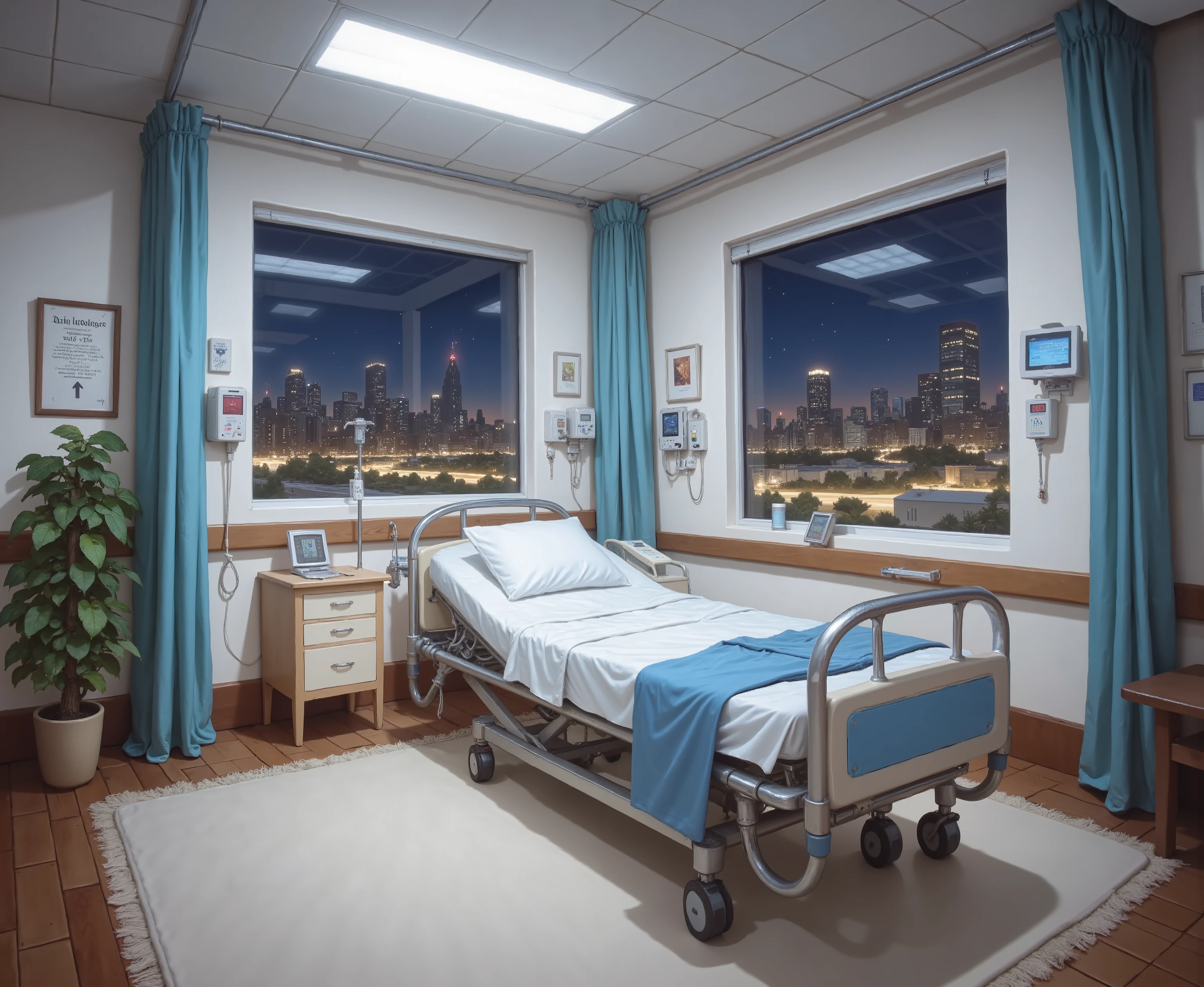One VIP ICU,room has only one bed,side view,You can see that the full hospital bed,All kinds of instruments are placed around the bed,Light blue curtains,has a pot of greenery placed next to the curtain, night view outside the window ,
