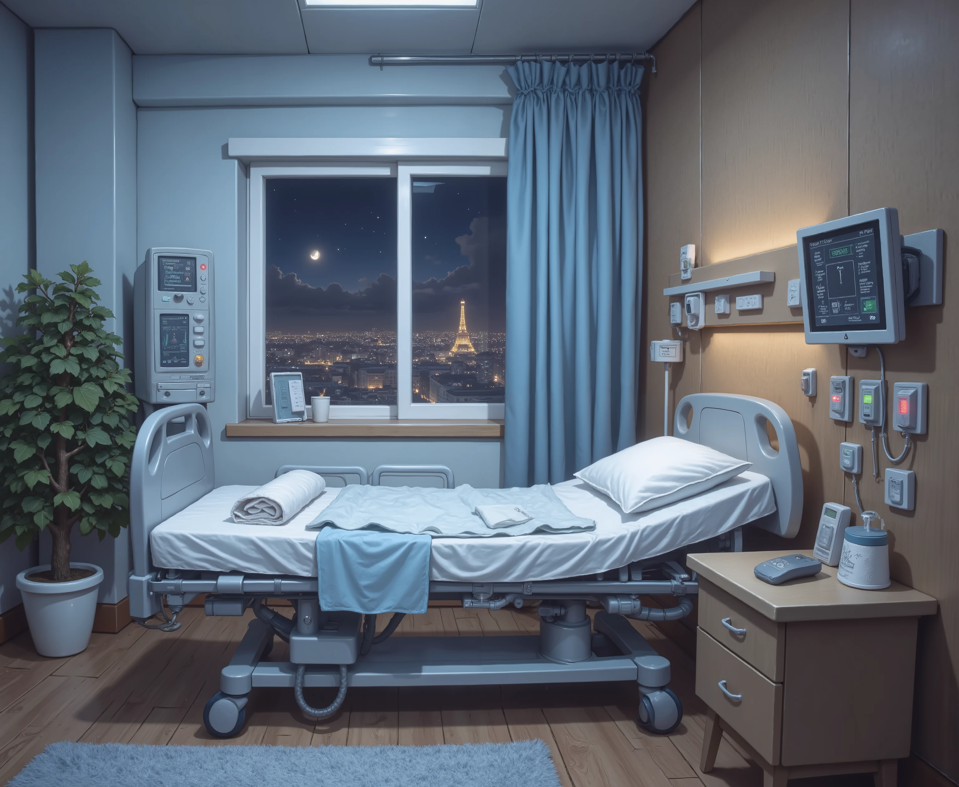 One VIP ICU,room has only one bed,side view,You can see that the full hospital bed,All kinds of instruments are placed around the bed,Light blue curtains,has a pot of greenery placed next to the curtain, night view outside the window ,