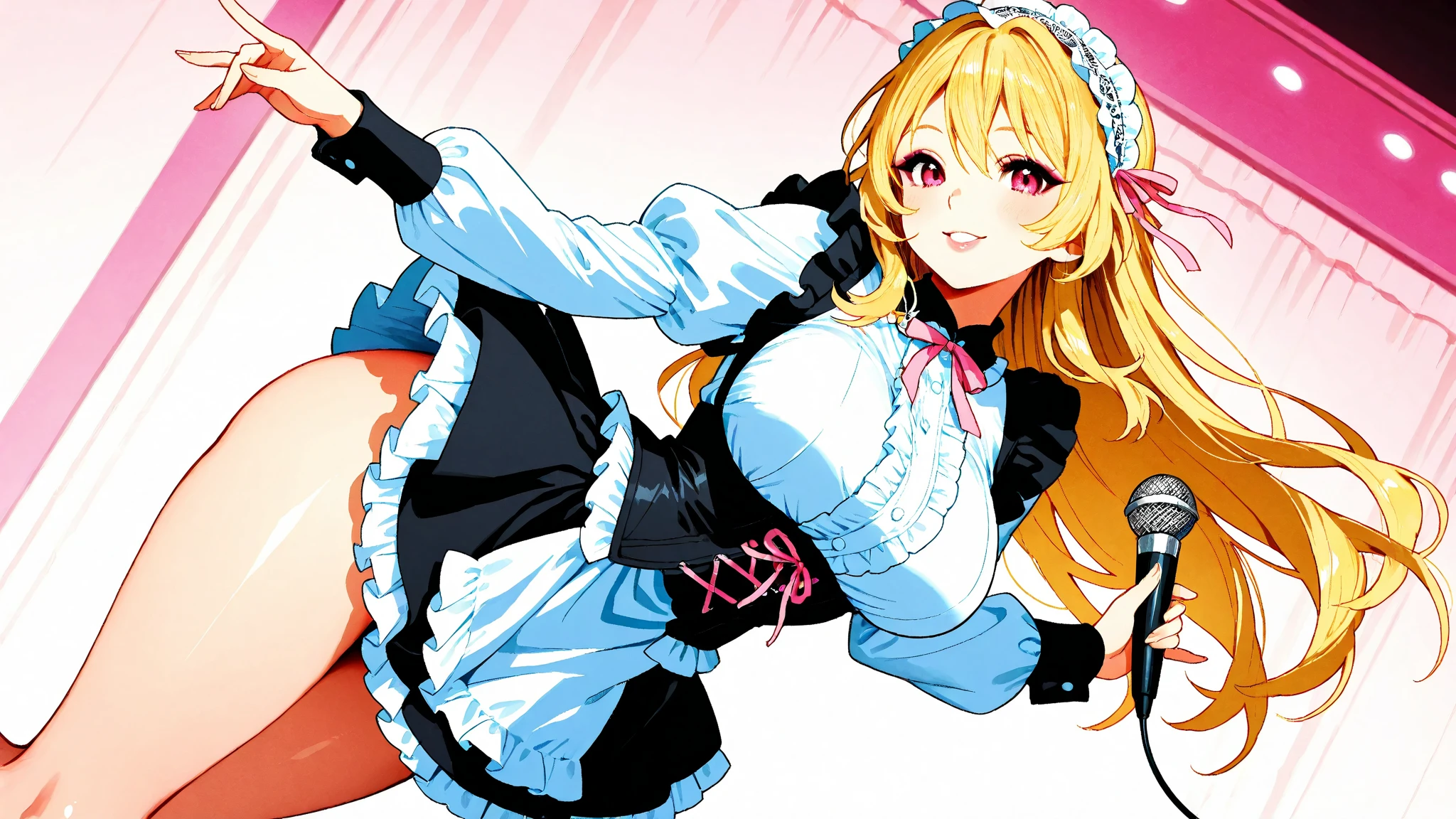 masterpiece, best quality, 1girl,blonde hair,Sui, (finely detailed heart shaped pupils and detailed face),,cowbody shot,lovestruck,extremely detailed picture unity 8k wallpaper,solo,(latex maid costume:0.9),glamour body,seductive smile,latex thighhigh,from below
