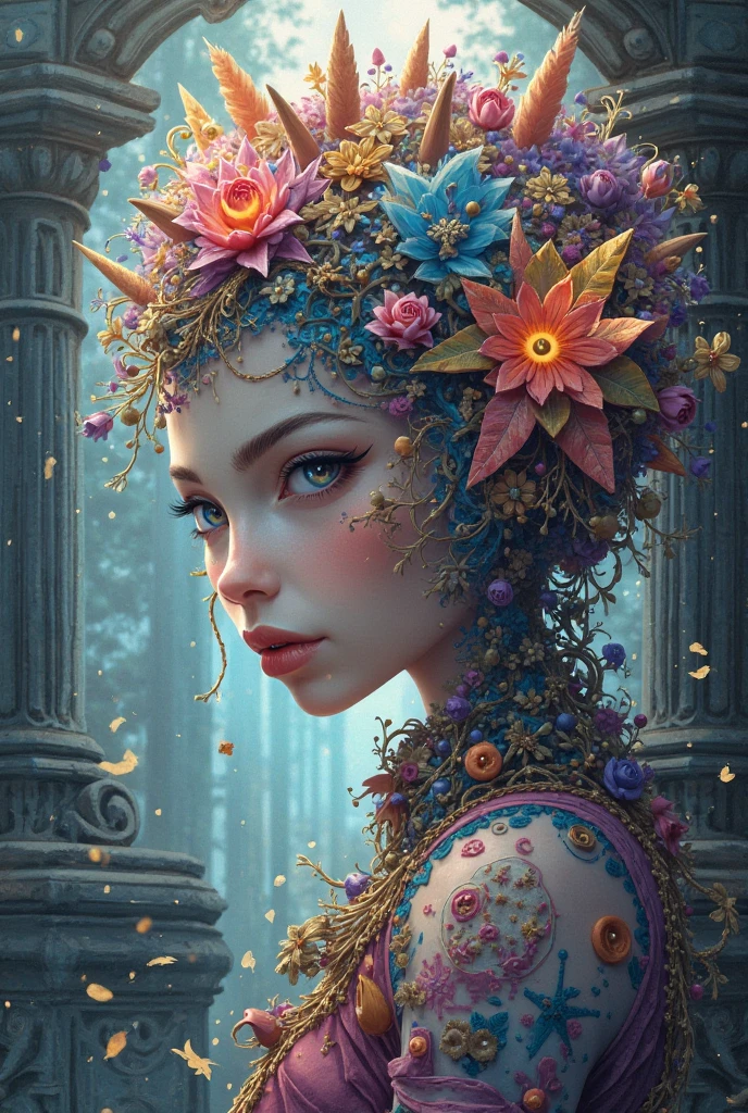 Pintura digital de una mujer joven con un tocado florido ,Arte de Alberto Severo, salpicaduras y gotas congeladas multicolores, dream, Pintura digital surrealista , brillos tornasolados, efectos 3D, Ultra HD, obra de arte magistral ,cinematic lighting,16k Arte digital 4K altamente detallado, Pintura digital intrincada, Arte digital detallado 4K, Gran arte digital con detalles, amazing detail digital art, Arte digital extremadamente detallado, Arte digital altamente detallado, amazing digital art, Awesome Digital Illustration, hyperdetailed fantasy character, Arte digital hiperdetallado, Arte digital demasiado detallado
