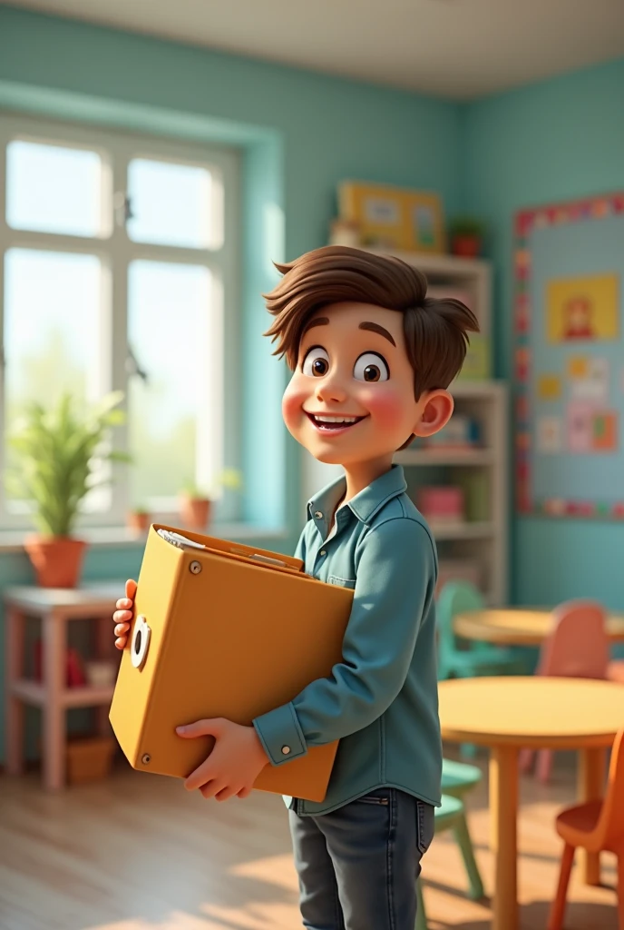 The boy is sneaking something from his teacher at school.
