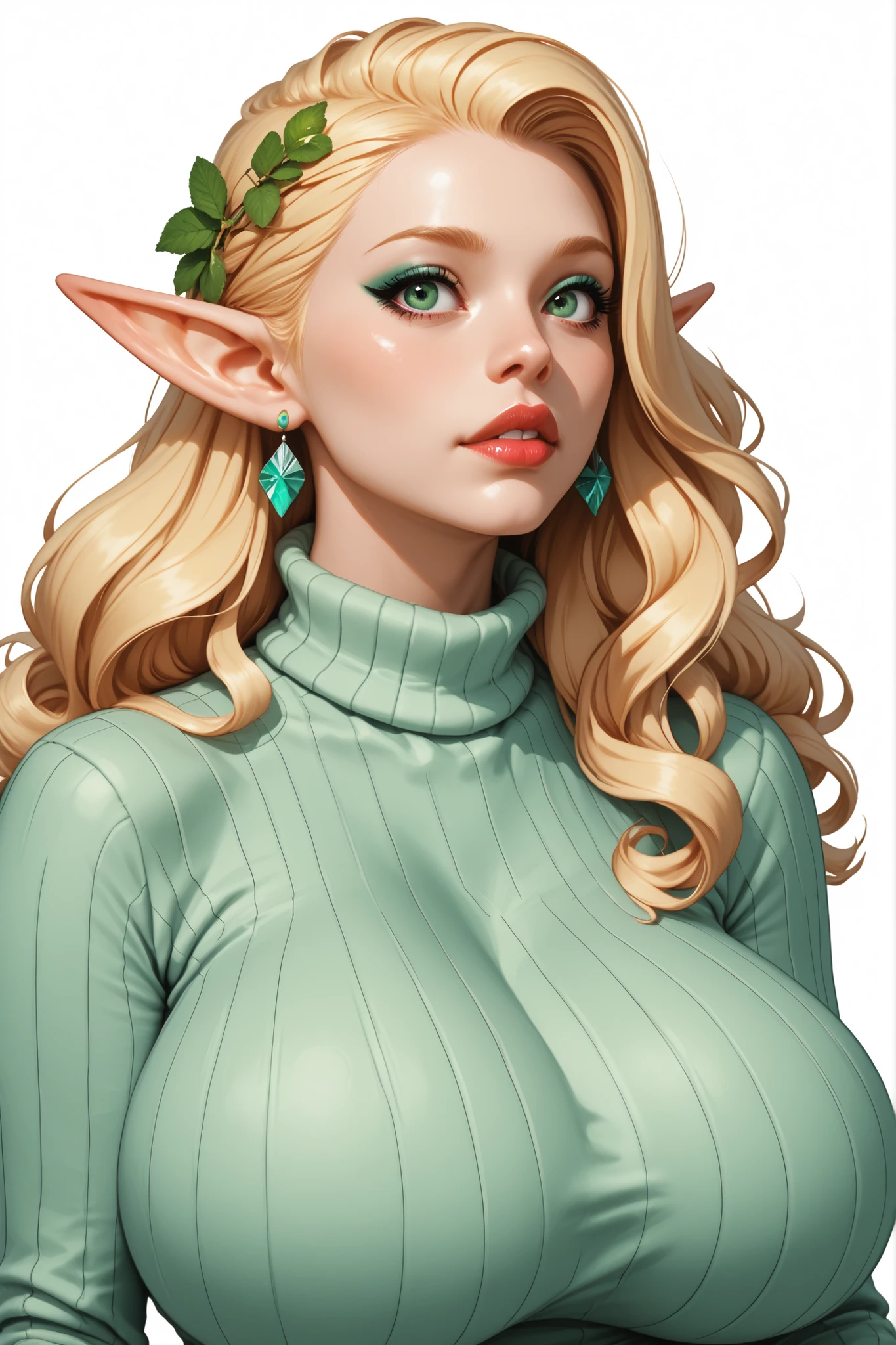 score_9, score_8_climb, score_7_climb, 1 girl, alone , climbper body, looking at the audience , white background , Long Blonde , Elf, makeclimb , lips parted , lipstick, eyeliner , Silly , Regatta Blouse, Deep Neckline, Women , gigantic breasts, sweater, Mint Green Eyes