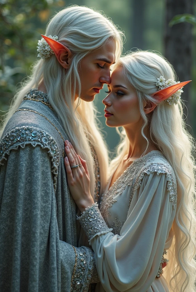 Drawing of a man and a woman, Elf girl with silver hair, An elf with long black hair, Hand detailing, Finger detailing, Face detailing, Sitting on the bed, charlie bowater and artgeem, He holds her in his arms, While she sleeps, inspired by Magali Villeneuve, Edmund Blair and Charlie Bauer, romance novel cover, cover illustration, Farnrun, Published art, commission for high res, detailed fanart, Melodrama Fantasy, unfinished