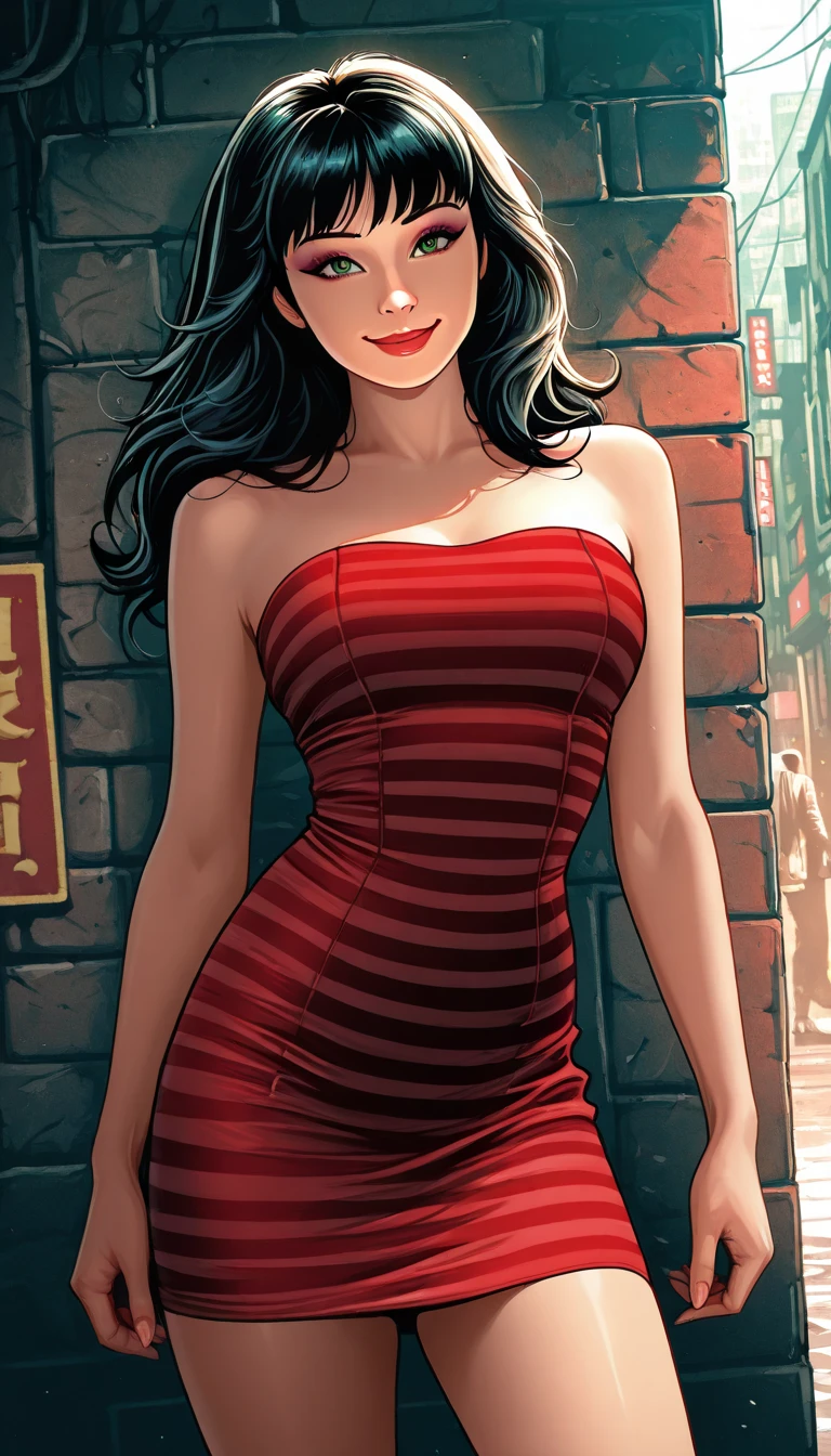 Thin woman, Elexis Sinclaire, beautiful smiling, red dress with v-neck, brunette skin, long dark hair, eyes browns, busty, necklace with green jewel. comic style.