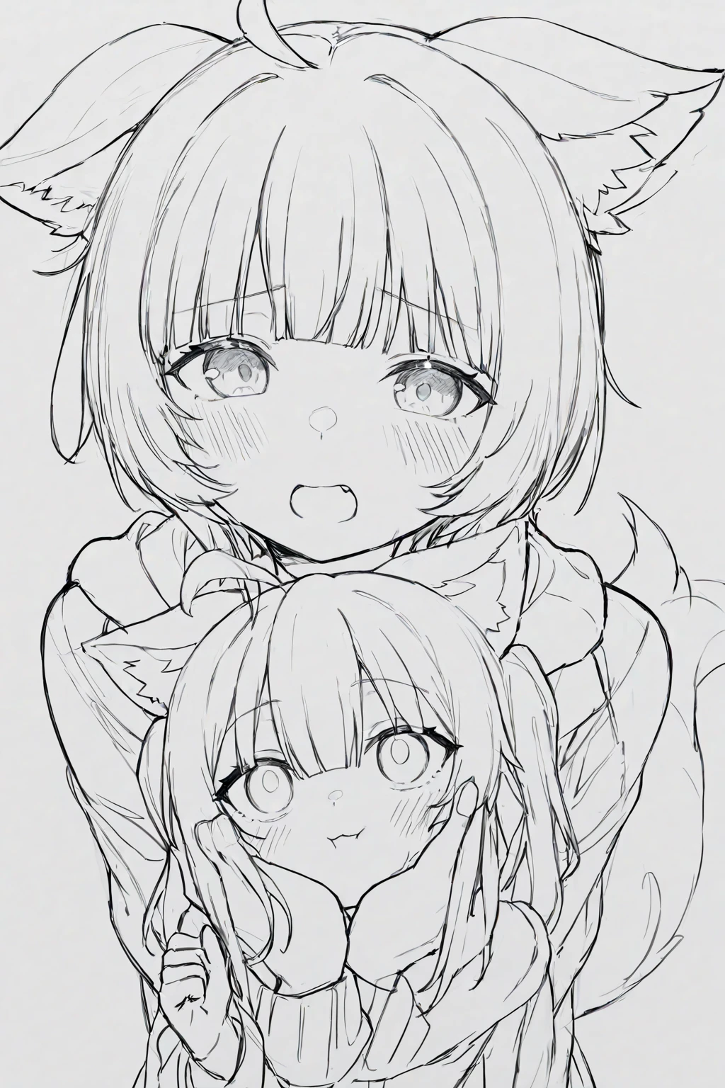 drawing of a couple of anime characters hugging each other, flat anime style shading, anime shading), clean anime outlines, anime sketch, anime shading, Anime Paintings, anime style drawing, Line sketch!!, DDLC, an anime drawing, anime catgirl, anime moe art style, In anime style, kissing together cutely, in an anime style, cel shaded anime