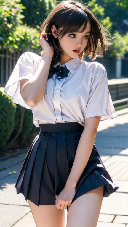 (((Dressing:1.8))), ((Dress up reliably:1.8)), (((pantie shot:1.8))), ((Lifted skirt:1.5)), (((Short Sleeve School Uniforms:1.8, Dark blue mini skirt:1.5, white panties with a small area,:1.5))), espadrilles, ‎Classroom:1.8, Smiling smile:1.3, 1girl in, 独奏, 18year old, 7headed body, Ideal ratio body proportions, erectile nipple, short-hair, A dark-haired, With bangs, small tits, A slender, Small buttocks, beauty legs, Skinny Legs, surrealism, Cinematic lighting, depth of fields, One-person viewpoint, F/1.8, 135 mm, nffsw, masutepiece, ccurate, ((Anatomically correct:1.3)), Textured skin, Super Detail, high details, High quality, awardwinning, Best Quality, hight resolution, 8K