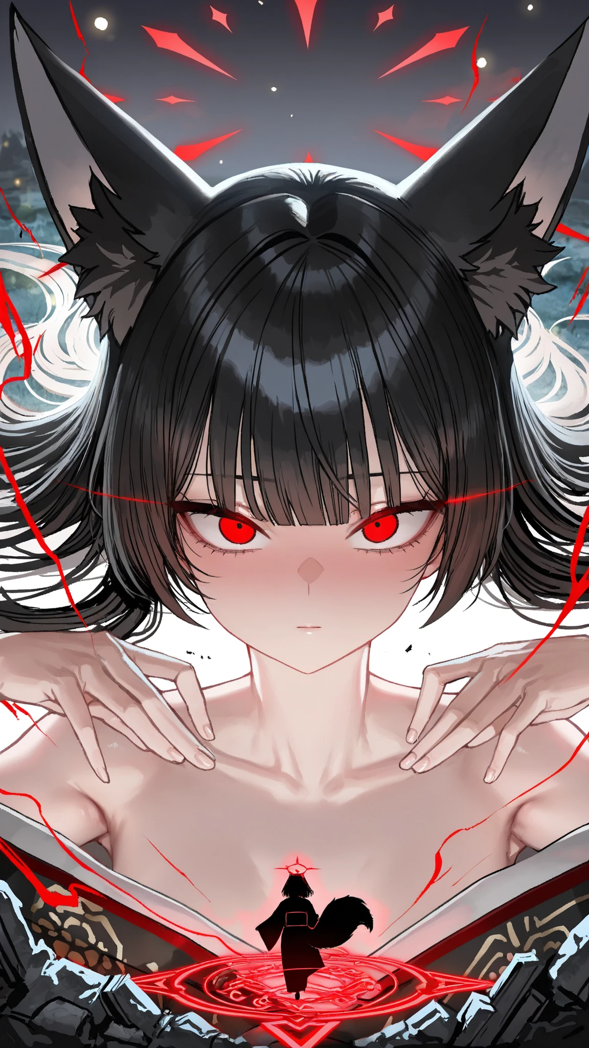 high school girl、Black cat ears、Beautiful black hair、clear brown eyes、naked