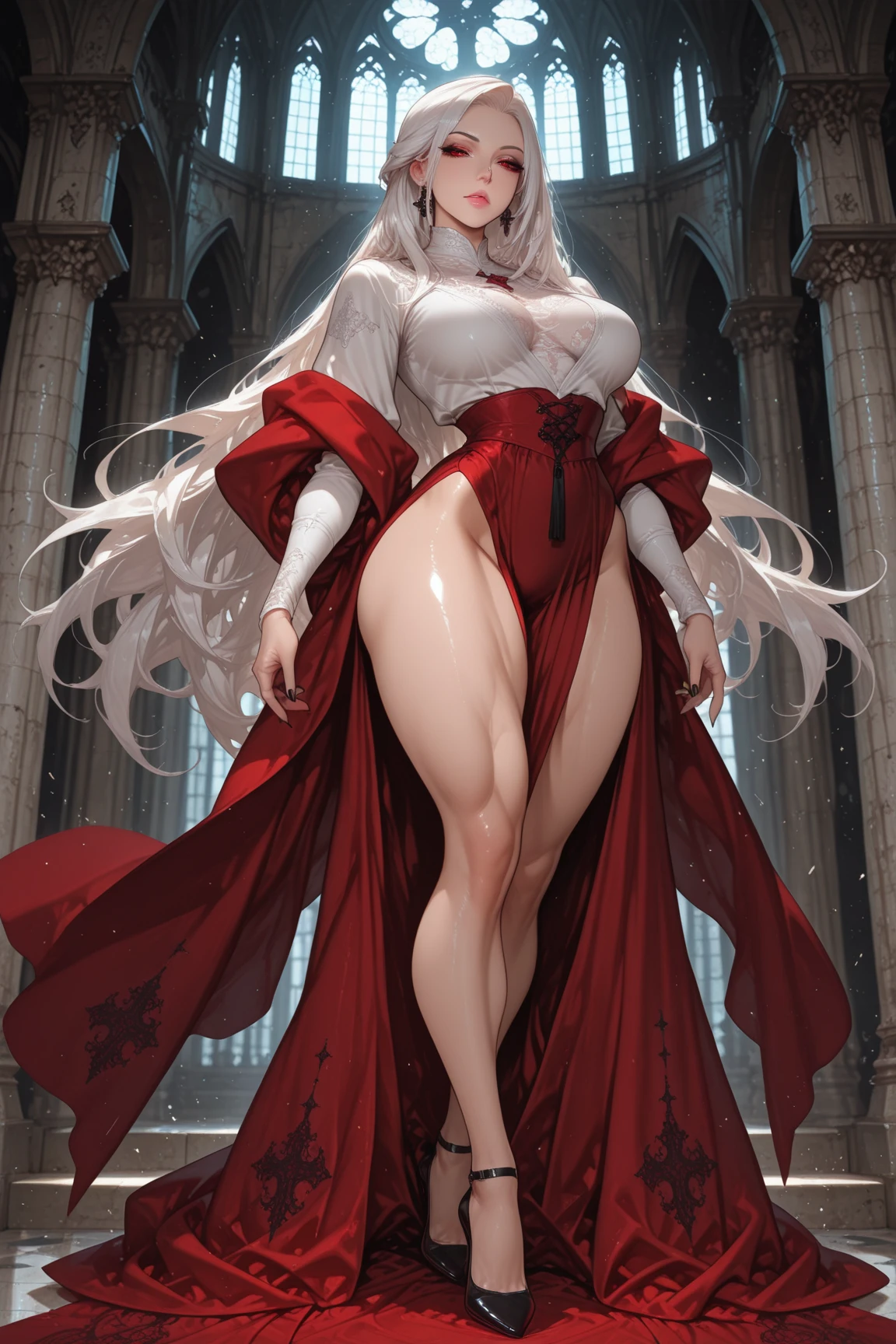 1solo girl Qun Qun Na Olganite dark skin elf succubus, white silver long hair, yellow eyes, white dress, black stockings, white high heels, jewelry necklace, fur coat, big belt heart shaped, portrait full body view from below, detached sleeves arms up showing shaved armpits