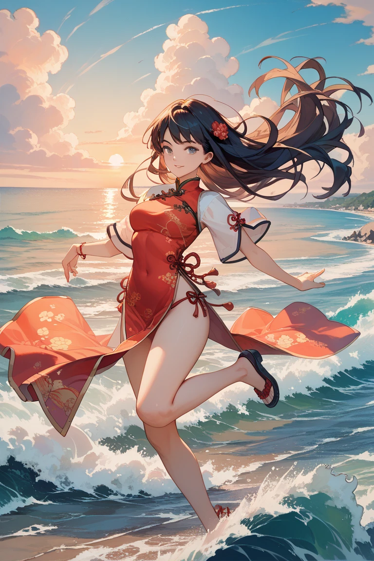 (pov kimono style swimsuit) (beautiful body), (solo:2, 15 yo, blunt bangs:1.3 black hair long hair sexy shrine girl, sexy closed eyes, happy smile), (in a japanese modern:1.3 shrine swimsuit, wabisabi:1.3, white and red), break, in the Swimsuit contest venue, background Double Exposure beautiful ocean, BREAK, perfect anatomy, masterpiece, best quality, 16k, beautiful detailed love, sexy, daydreaming expression.