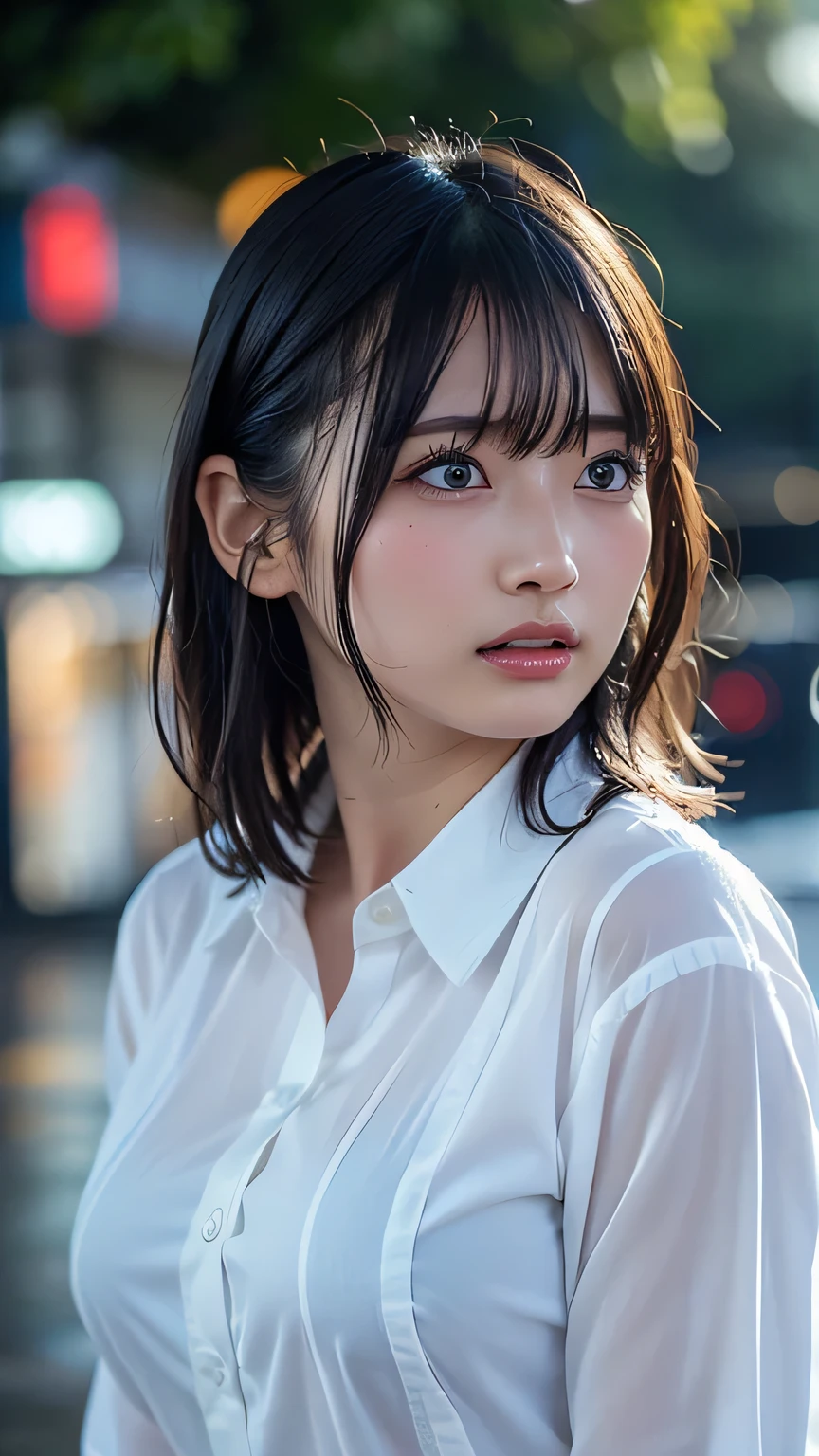 masterpiece、1 beautiful girl、Detailed eyes、Puffy eyes、Highest quality, 超High resolution, (Reality: 1.4), Cinema Lighting、Japanese、Asian Beauty、Korean、Super Beauty、Beautiful Skin、Slender、Body facing forward、(Surreal)、(High resolution)、(8k)、(Very detailed)、(Beautiful and detailed eyes)、(Ultra-detailed)、 (wallpaper)、Detailed face、Bright lighting、Professional Lighting、View your viewers、Look straight ahead、Dress code: A clean shirt and dress....、46 point diagonal bangs、Night Scenery、Brown Hair、Nogizaka Idol、Korean Idol、Gravure idol pose、、Age 25、expensive,