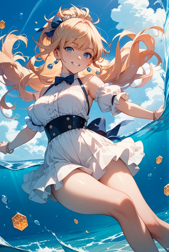 Best quality, tmasterpiece, Incredibly beautiful, very elaborate 8K wallpaper, otherworldly beautiful girl, , (White skin of the), (blonde hair pink gradient hair), Side pony, intermittently, Open your mouth and laugh, Long eyelashes, cosmetics, One eye open, (zoomout, bigger, BigREAK, 夏天, Beachy, (比基尼), Reflection in the water, (Floating water drops blur foreground), (blue-sky), lens flare glow, (water splash), rays of sunshine,swimming uniform,