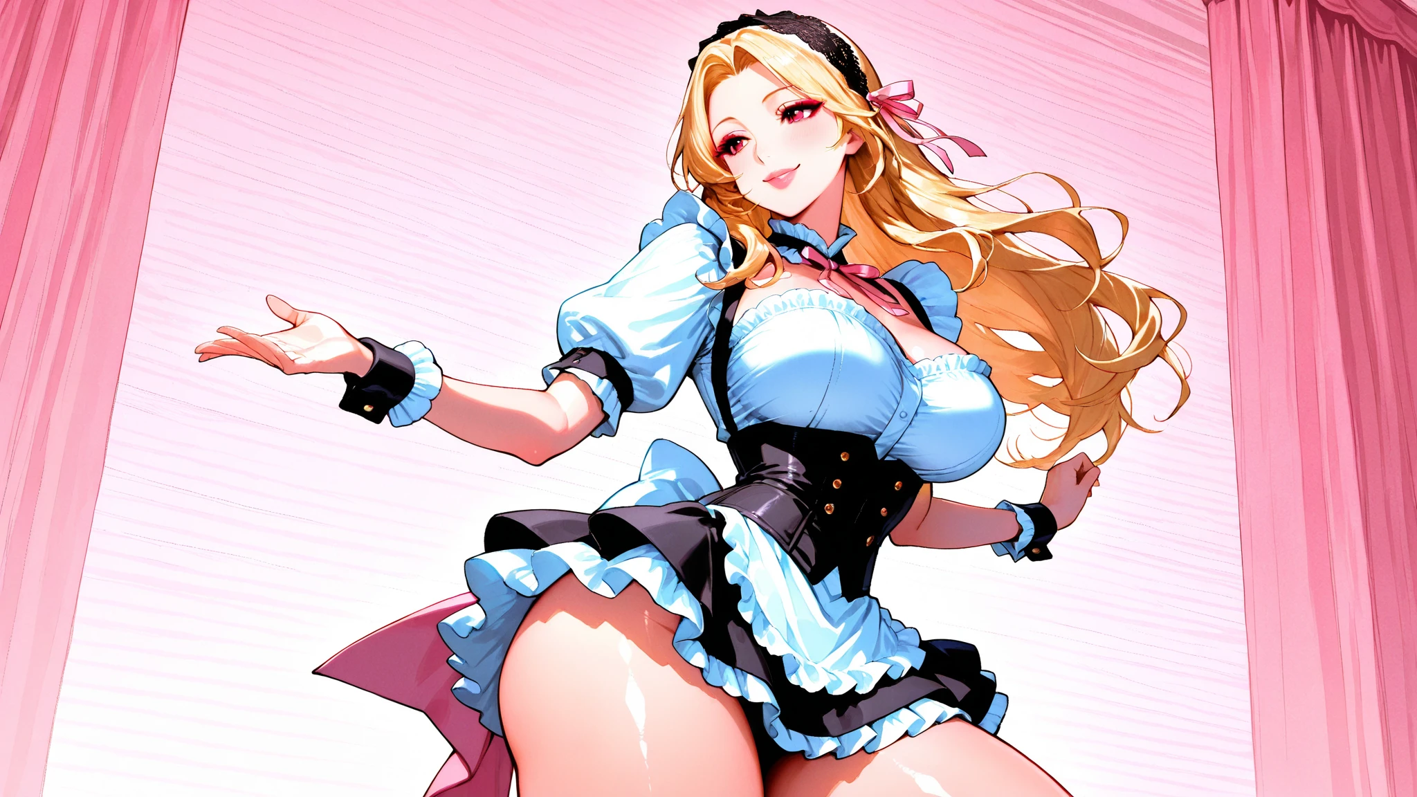 retrato (Solitario (Britney Spears) 1girls angry big breasts big blond hair blue eyes earrings female blush only high heels huge breasts big long hair looking at the viewer looking back maid maid uniform skirt lift only teeth thick thighs thighs thighs thighs tray tsundere twintails