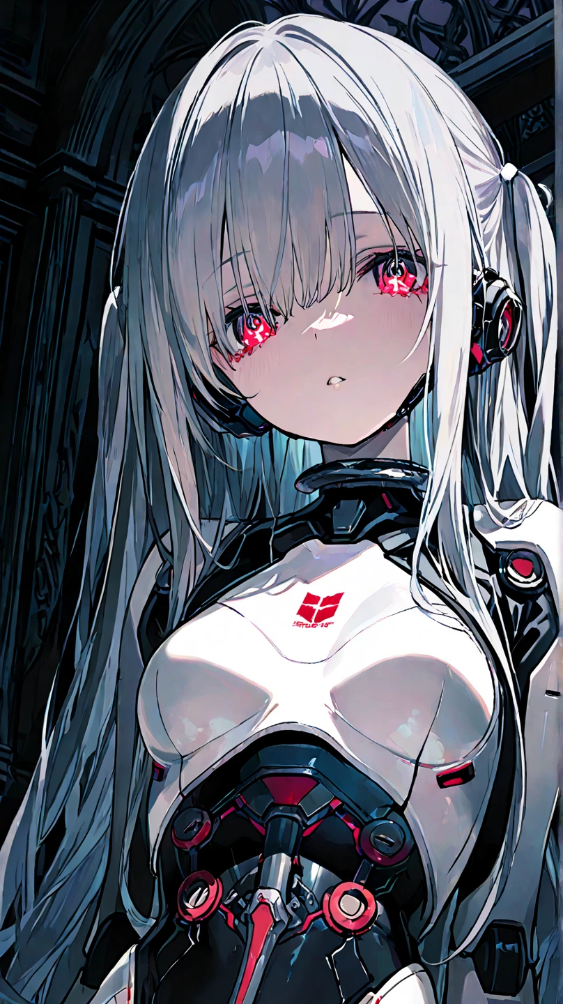 Masterpiece, High quality, High quality of art, anime lineart, 1girl,white hair, black eyes, white eyebrow, red eyeshadow, Tall, black cyber clothers, light gray cyber pants, big hips, big chest, very blush, white hearts in eyes, in future base, looking at viewer, smile, white skin, white hearts in eyes