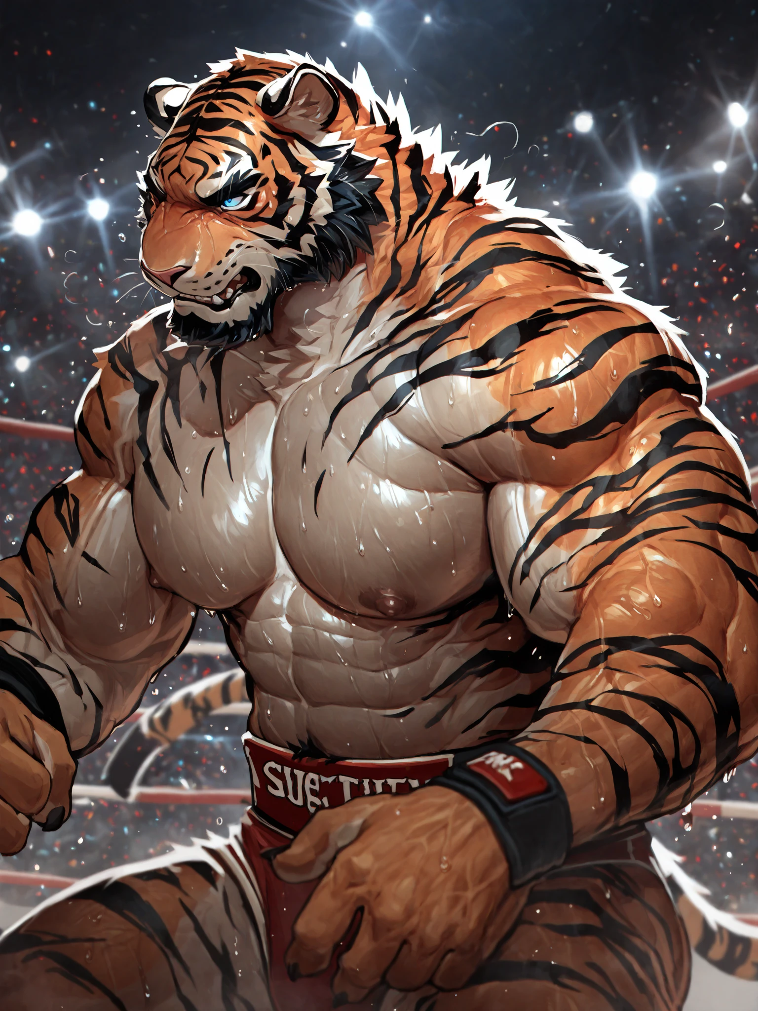 anthro, correct anatomy, bodily fluids, fur, bulge, blue shorts, bare torso, looking at viewer, (collapsed and bent down), male, multicolored body, multicolored fur, muscular, (musk clouds:1.2), navel, (hard breathing, tongue out), solo, two tone body, two tone fur, by Pixelsketcher, by Bayard Wu, by Thomas Benjamin Kennington , by Einshelm,, (lin hu:1.2), (exhausted, sweat, bruised:1.4), in the boxing ring, (boxing gloves, beaten down, swollen cheek:1.4)