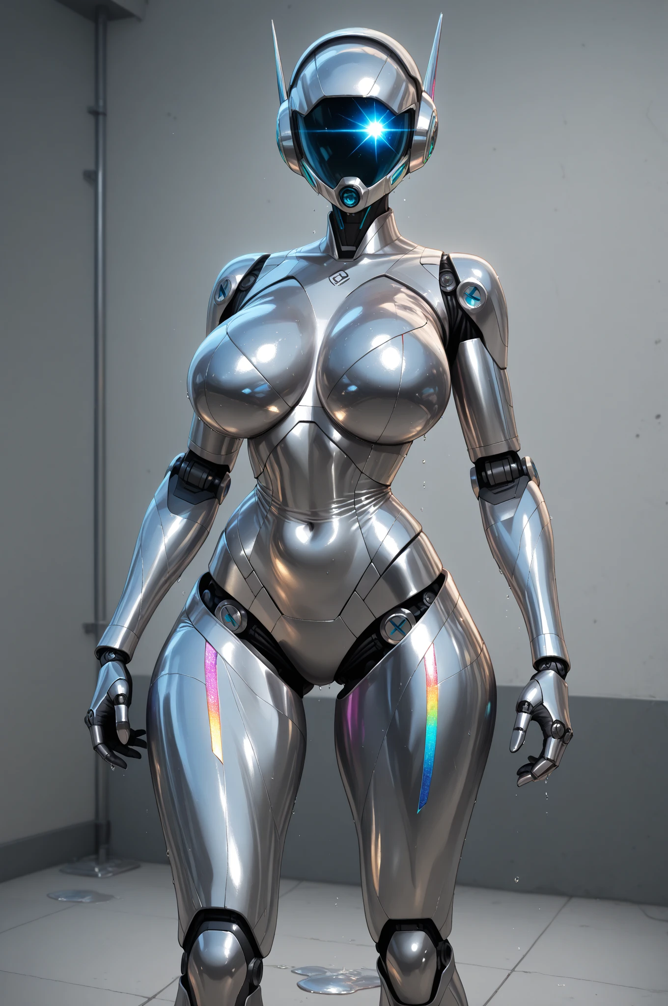 ((Radiant Aura:1.7)), 8k ((full back view:1.4))((below view:1.7)) (large eyes:1.3), defined cheekbones, looking back, ((the pit style:1.4))((sleek chrome bodysuit:1.6)) ((zentai bodysuit:1.6)), ((visor))((intricate metal details:1.4))detailed face:1.5), lightblue skin,(puffy lips:1.5) (lightblue skin:1.6), (bald woman:1.7), (skinhead) ((sexy pose)),(Muscular:1.3), ((gigantic breasts:1.5)), )highly detailed, majestic, digital photography, art by artgerm and ruan jia and greg rutkowski, ((metal shoulder pads:1.2)), (masterpiece), sidelighting, intricate details, black and blue color palette