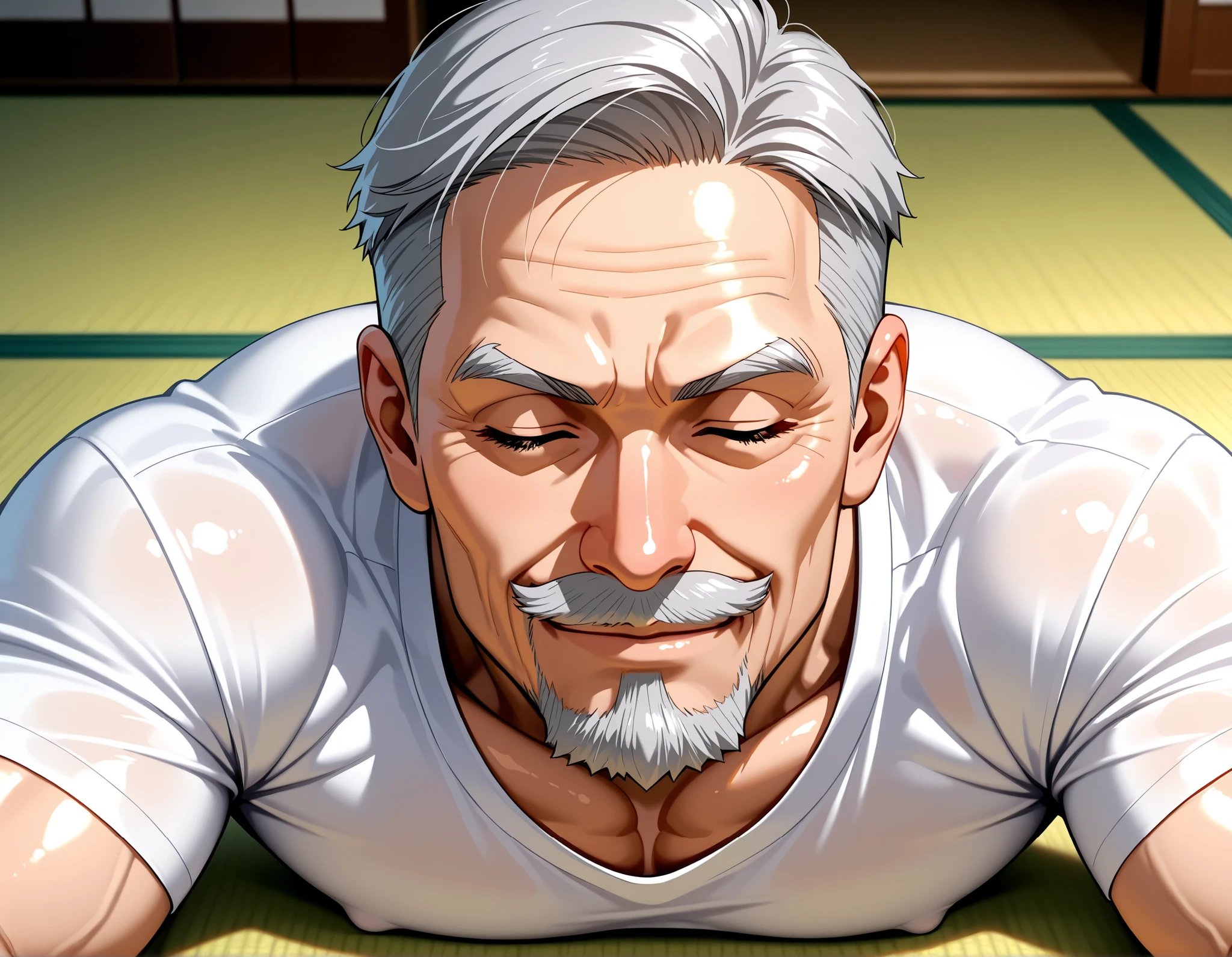(highest quality:1.5), (masterpiece:1.5), full body, solo, (luxury hotel bedroom:1.2), (night:1.2), gray hair, short beard, short combed-back hair, hot guy, (Japanese:1.2), (macho:1.3), 55 years old, (Completely naked:1.5), (expression of agony:1.2), (mouth open:1.1), legs wide open to the left and right, (shoot from front:1.3)