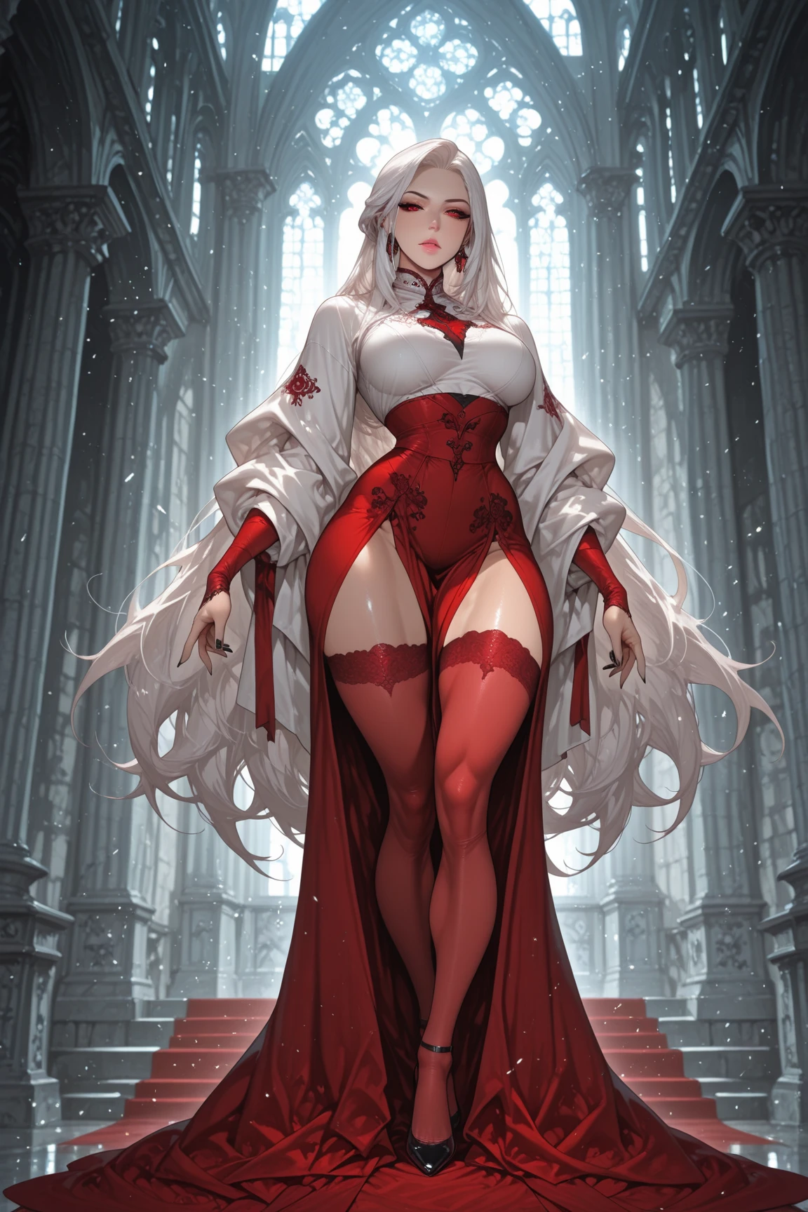 Long white hair，Red eyes，Sexy Sheer Colonial Dress, Perfect body, Clear chest, Well-defined collarbone, Surreal, lifelike, detailed, Perky transparent nipples, Wet clothes(whole body:1.1),cross，Holy，best quality，Large Breasts，Big Ass，No underwear。Gorgeous church background with extreme details