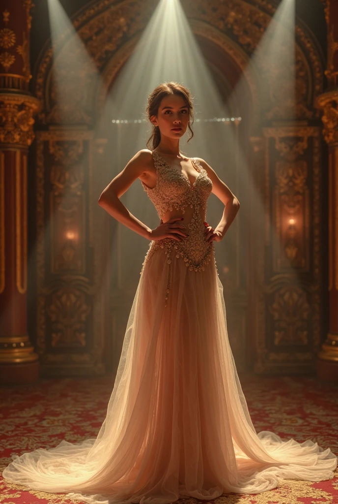 1 woman, inside a ballroom, wearing an elegant pink evening dress, detailed facial features, feminine brown eyes, detailed white skin, , golden brown hair, full body shot, dramatic lighting, cinematic composition, cool palette, dark colors, atmospheric haze, strong body, thin chin, adult woman, (best quality, 4K, 8K, high resolution, art: 1.2), ultra detailed, (realistic, photorealistic, photorealistic: 1.37)