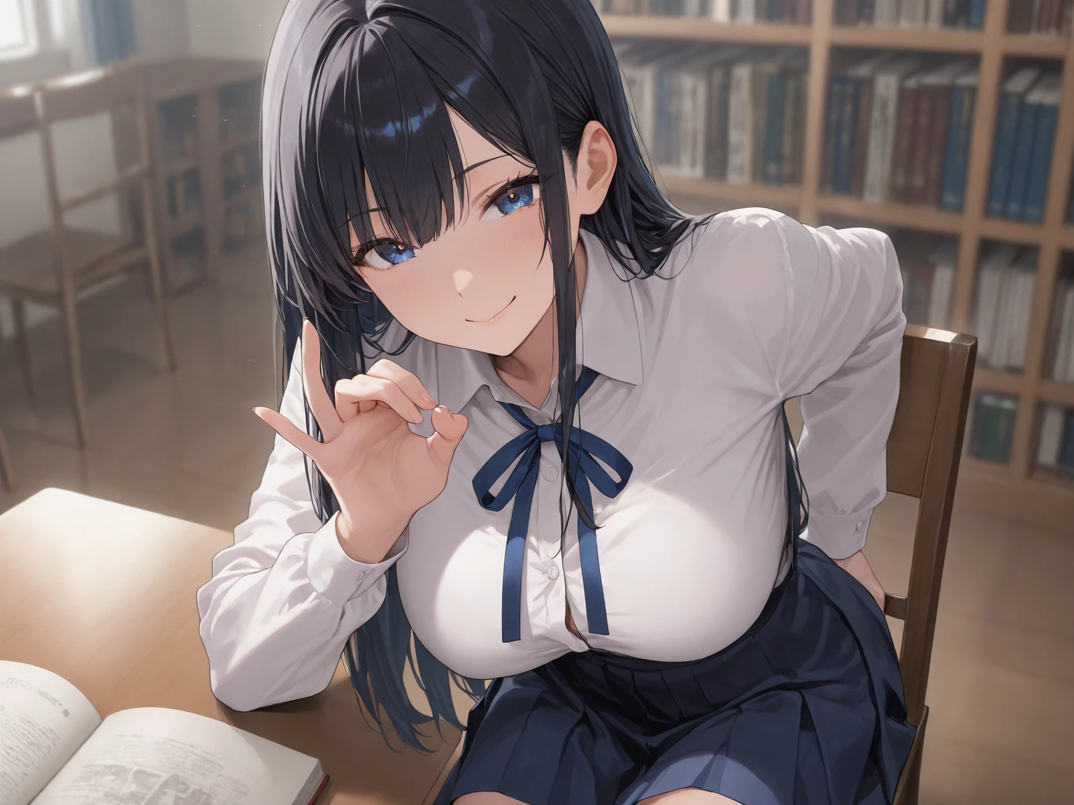 ((masterpiece)), (best quality), (detailed), (1girl), blue hair, blue eyes, updo, white shirt, black dress, looking down on the audience