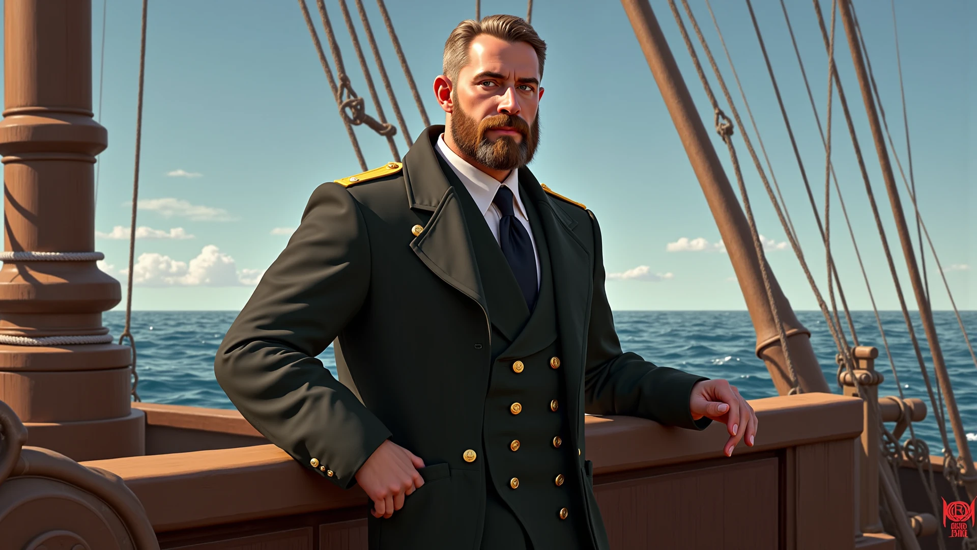 Aboard a grand cruise ship, surrounded by azure waters, we find the commanding presence of a muscular and charismatic captain. Resembling a seasoned bodybuilder, he stands prominently in the foreground, exuding strength and determination. With meticulous attention to detail, the image captures his chiseled physique, adorned with tanned skin that glistens under the setting sun's warm glow. Dressed in a crisp navy uniform, the captain's authority is emphasized by golden embellishments that catch the light.In the background, the opulent cruise ship elegantly navigates the waters, its sleek white design complemented by vibrant deck lights. The scene portrays a midjourney atmosphere, where the captain takes charge of the mighty vessel, embodying a sense of adventure and power. The realistic rendering of this image ensures that the captain's attire is complete, with the navy uniform tailored to perfection, showcasing professionalism and authority while keeping him fully dressed., super detai