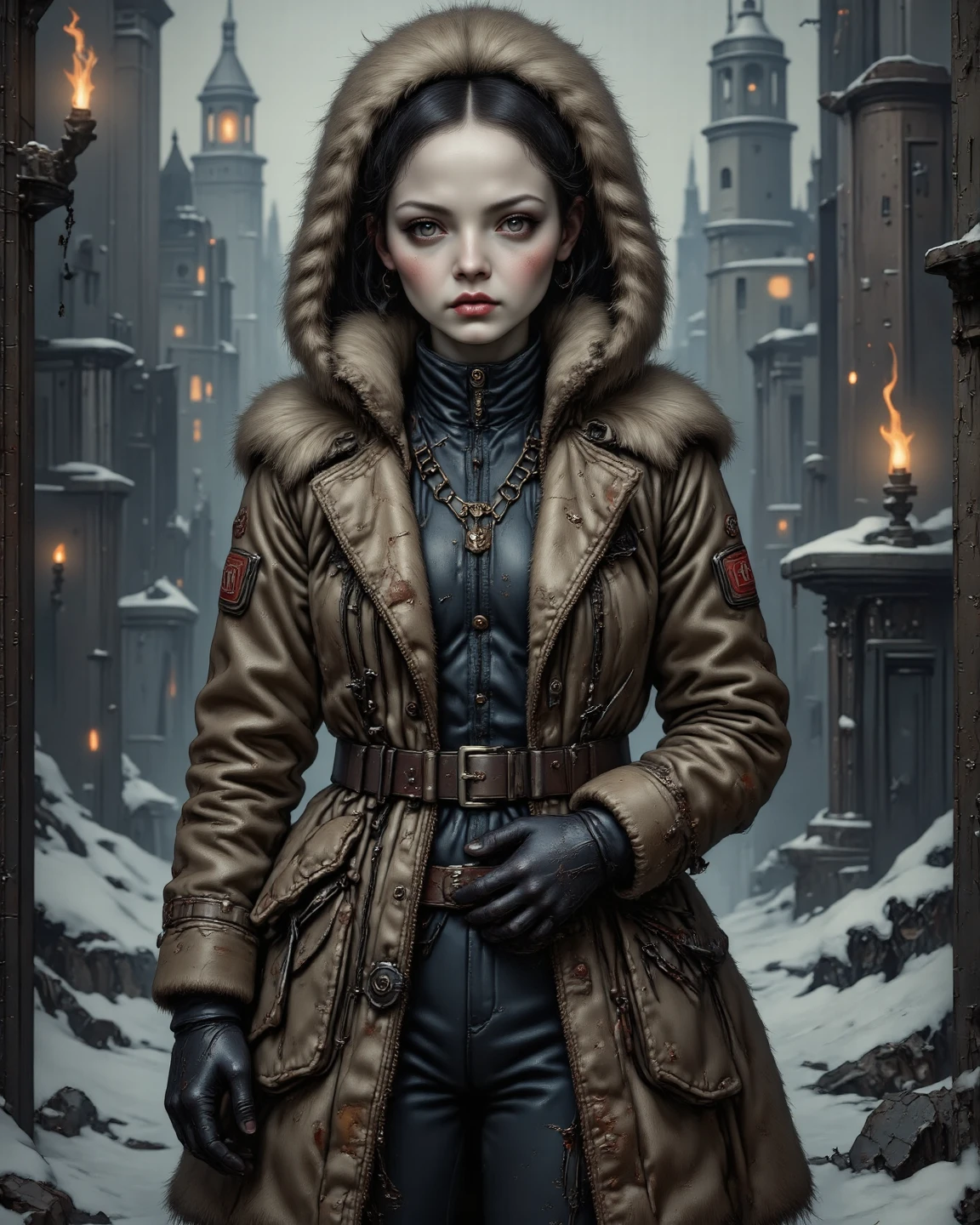 Old Elba Edris with sad winter clothes, post apocalyptic style, cyberpunk style, drinking whiskey, pulp art, cyberpunk art --auto --s2