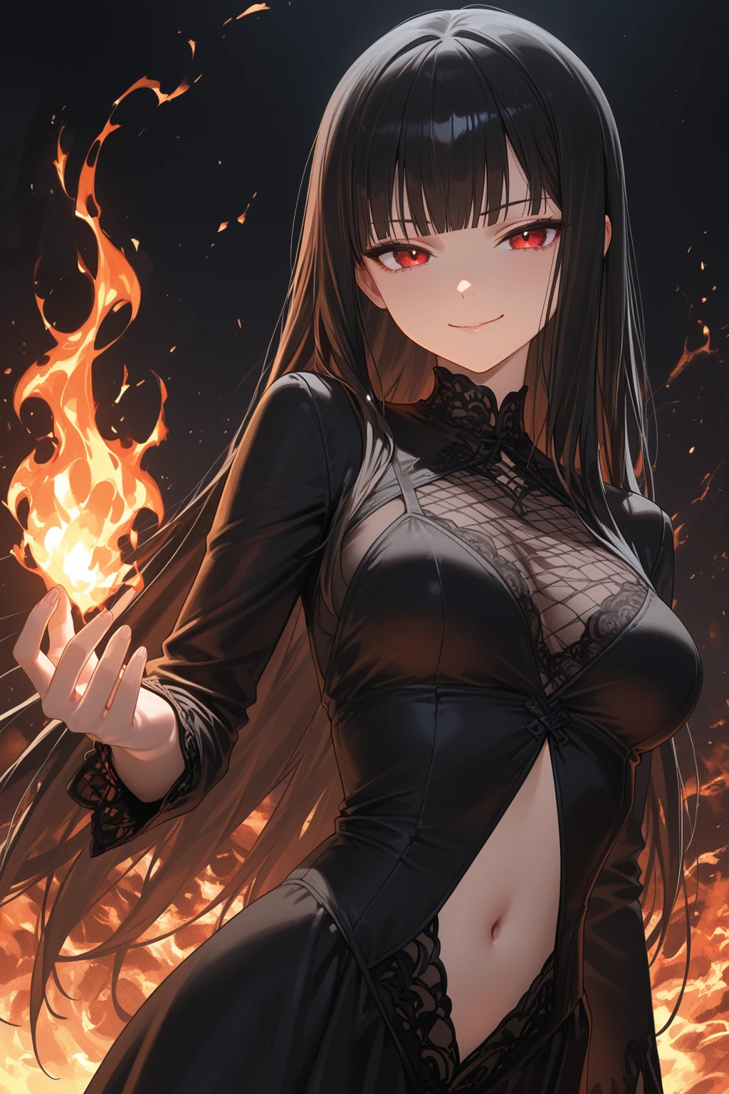 (Very detailed 8k wallpaper) +, an average photo of a sexy vampire summoning flames in a burning and destroyed village, dark style, complex, high detail, dramatic, masterpiece of the highest quality, realistic, detailed, 8k, HDR, backlit, blooming, light fire, chromatic aberration, light focus, UHD