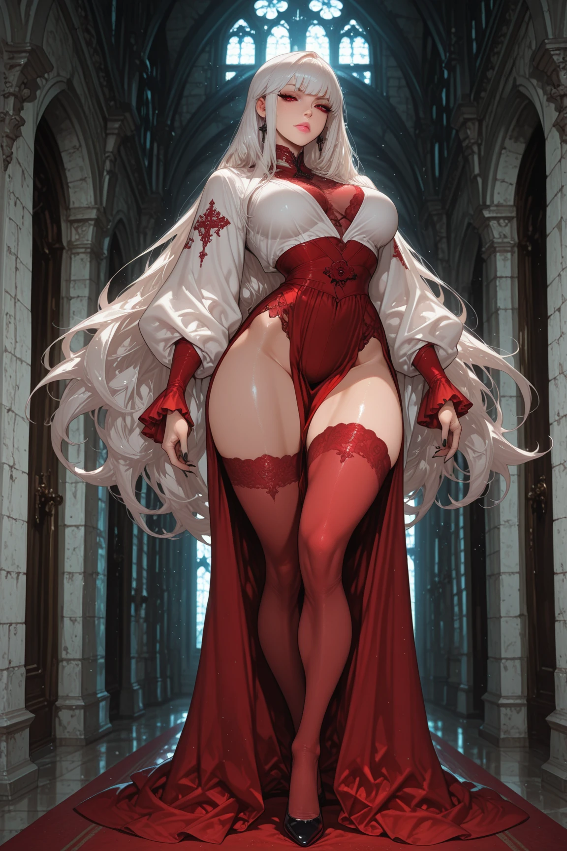 Vampire Woman、Nobleman&#39;s Mansion、Super luxury room、Elegant furnishings、Starry Sky、Late Night、Glowing red eyes、I can see the vampire&#39;s fangs、Full Color、Big Breasts、Black suit、Red Cape、Composition from directly below、
