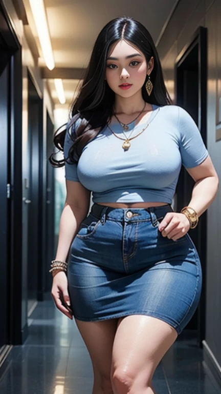 ((best quality)), ((masterpiece)), (detailed), perfect face, Araphae woman walking in a dark room wearing a dark blue shirt and a blue denim skirt, Tsk tsk, She has a jiggly, fat, round belly, Fat Chan, Wear simple, tight-fitting clothes, thin waist and thick hips, 가장 wide hips, her belly is fat and round, soft curved shape, surreal full figure, wearing a cute top, wide hips, Wear 10 bracelets , wearing a huge diamond necklace