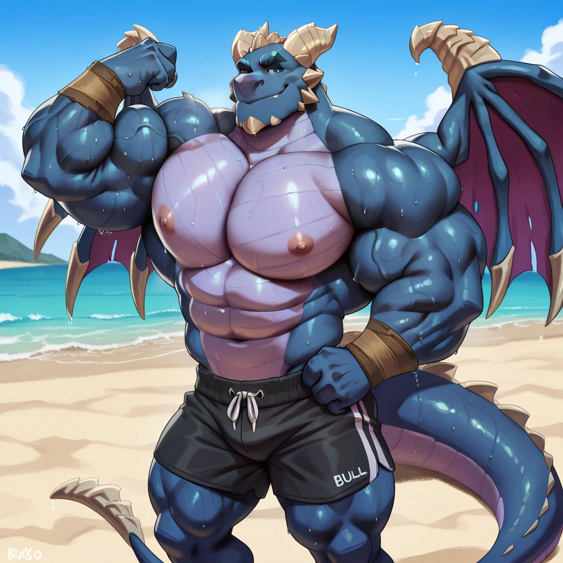 A dragon, purple skin, muscular, at the beach, swim trunks, large bulge, flirtatious expression , low angle, view from front