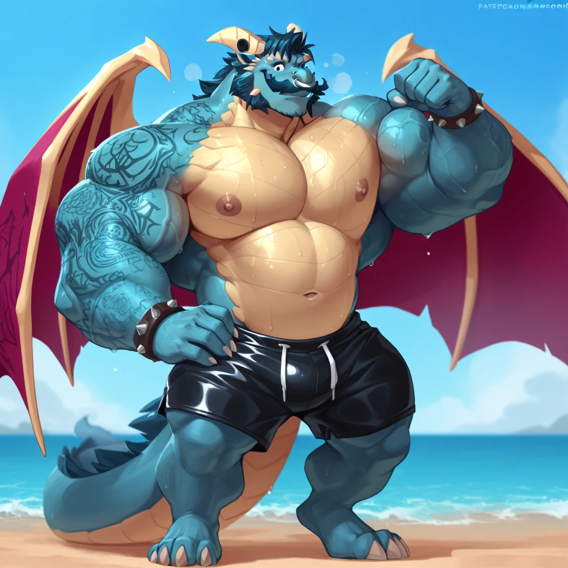 absurdres, ((best quality)), ((masterpiece)), (ultra detailed),perfect face,(male antro dragon):2.5, male , ((( western dragon))):2.5, (strong beefy muscular body),((royal blue body)), (white belly), ((abs, strongmuscles, 8 pack)), furry, handsome,Beautiful and delicate eyes, (ultra detailed eyes, mauve color eyes, sharp eyes), night, detailed scene,full body, shirtless, topless, pink nipples, (by null-ghost,by traver009,by lindong,by pino daeni), (full body), wearing random pattern necklace, claws, ((fluffy fur, fluffy, furry body)), majestic, (a pair of dragon antler), upper body naked, big fellow, muscular male, (wearing yellow speedo), pornography, big fellow, huge body, handsome, under the sea, diving, a pair of dragon wing