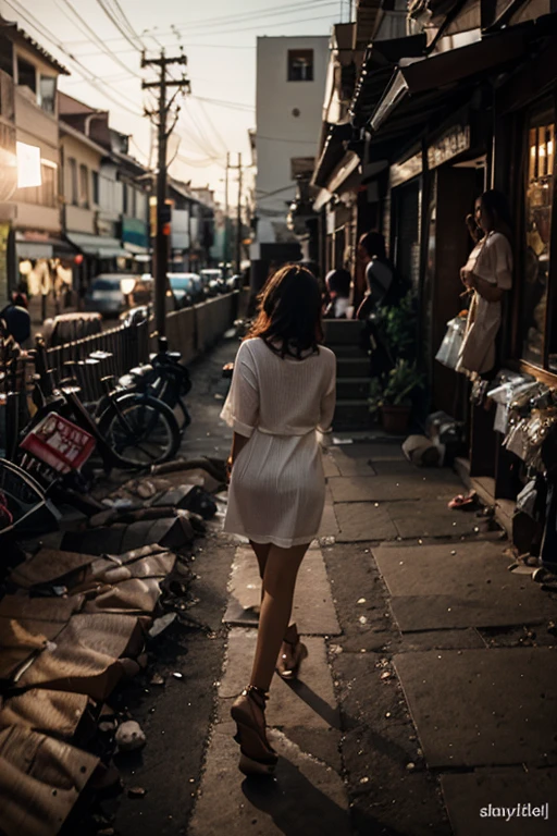 Create a scene in a narrow alley during heavy rain at night. A young woman walks through a flooded street, wearing a wet with a white blouse,
dark tie, and a gray skirt. She carried a tote bag on one shoulder and a pink plastic bag in her other hand. Her hair is wet, and he looks a little disheveled but composed, with one hand raised to his head. the alley is illuminated by warm street lights.