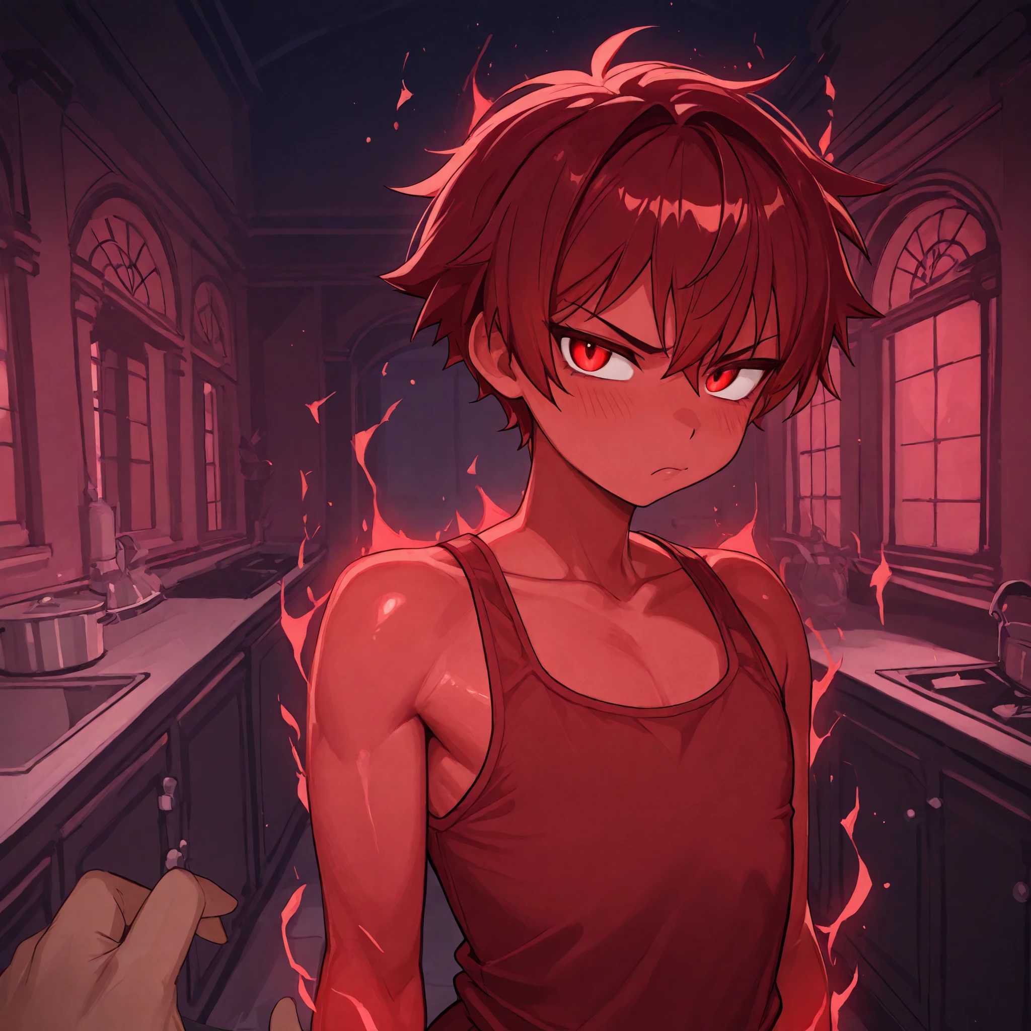 ncpy43 style, 1boy, femboy, curvy, flat chest, red glowing aura, glowing red body, red skin, tomboy, short red hair, red tank top, tsundere, short, fit, beautiful, beautiful red eyes, mansion background, kitchen, night time, upper body, pov hands