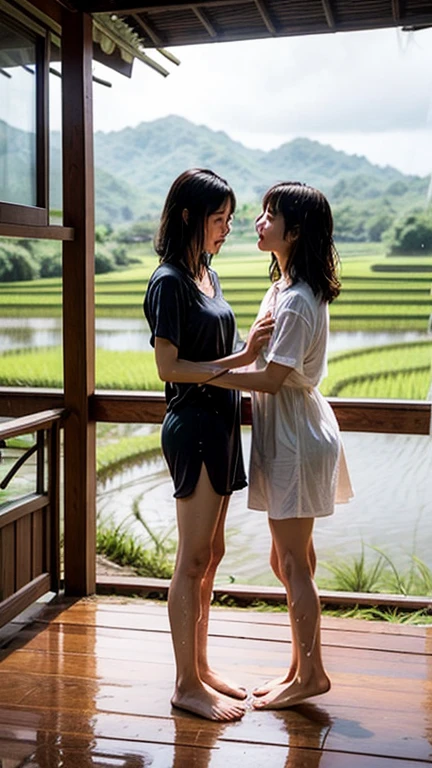 ((最high quality, 8K, masterpiece: 1.3)), (close:0.75), Realistic, Sharp focus, high quality, High resolution, Two Chinese career women、36 years old、Middle-aged mature woman face、Chubby body type、Her breasts are huge, measuring 40 inches. {Grey underwear}, ((Very strong sunlight)), smile, Brown hair Sonyoung,Shyly embracing each other in front of a waterfall in the forest、Images of someone getting completely wet from splashes of water、Lesbian couple 8K images、