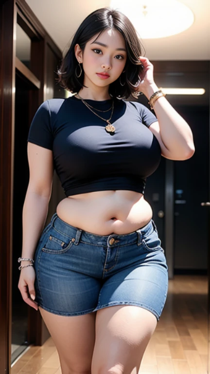 ((best quality)), ((masterpiece)), (detailed), perfect face, araffe woman in a long dark-blue shirt and blue denim skirt walking down a street, thicc, wavy short hair , she has a jiggly fat round belly, bbwchan, wearing tight simple clothes, skinny waist and thick hips, widest hips, her belly is fat and round, soft curvy shape, hyperrealistic full figure, wearing a cute top, wide hips, wearing 10 bracelet , wearing huge diamond necklace