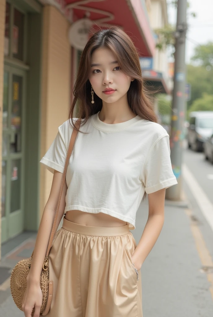 1 Girl,roadside,Soft Light,Chinese Beauty,Short sleeve,Short skirt,Dark-haired