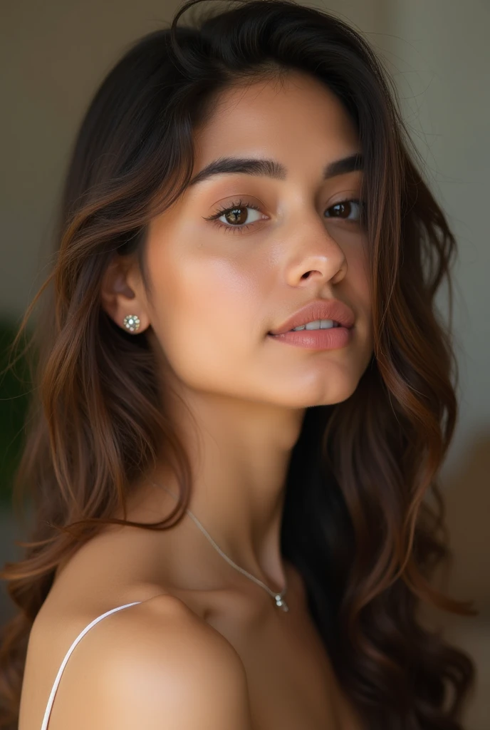 create a portrait young stylish young ndian woman with large captivating eyes, thick eyebrows, a strong jawline, high cheekbones and a neutral complexion highlight herself as a realistic virtual influencer., f 2.8
