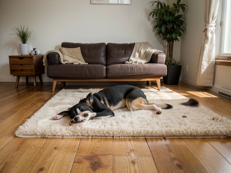 There is a Shiba Inu lying on the short-haired carpet in the living room, In the living room, Placed in a large living room, , product photo, In the living room, Bright morning light, On a gray background,Warm Lights, High target, Designed for comfort and aesthetics!Ultra-realistic light and shadow，High-end，Photographs