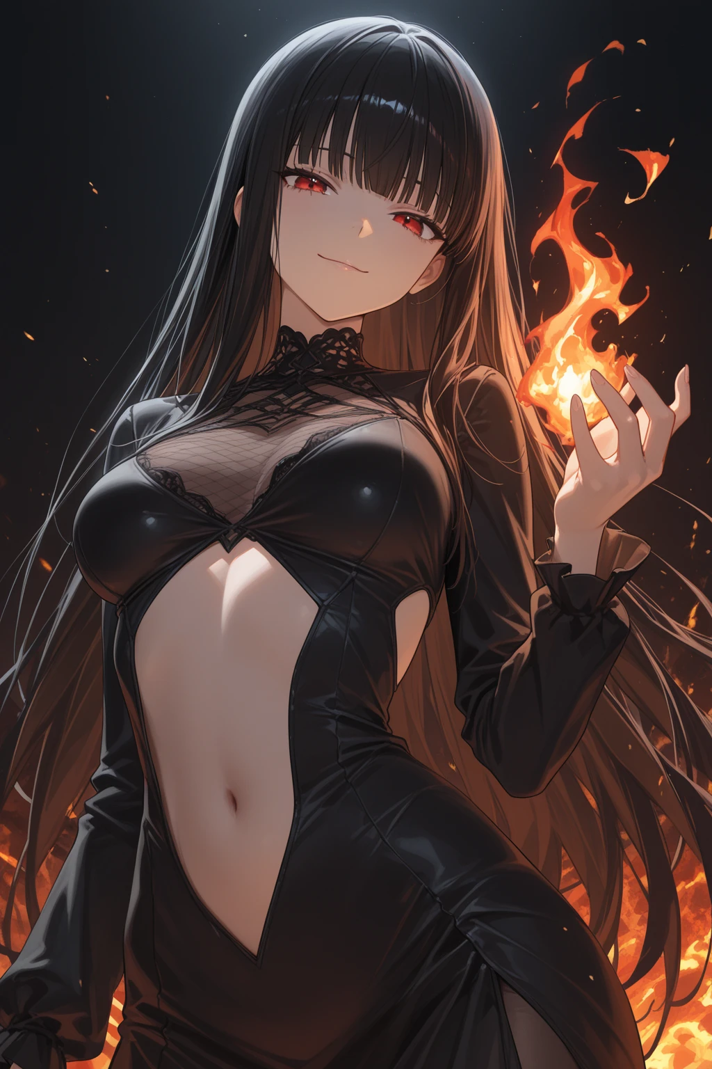 Tamaki Kotatsu from Fire Force, a beautiful girl (model-like appearance) aged 17-19. She has a slender figure with long legs and a graceful cat-like demeanor. She is dressed in a micro bikini and a black leather jacket. The artwork should capture her in a sensual pose. (best quality, 4k, 8k, highres, masterpiece:1.2), ultra-detailed, (realistic, photorealistic, photo-realistic:1.37), HDR, vivid colors, professional, bokeh, studio lighting Medium: Illustration Additional details: The backdrop depicts a fiery scene with smoke and flames adding intensity to the environment. The overall composition should exude a sense of power and confidence, highlighting Tamaki's beauty and strength. The artwork should emphasize the intricate details of her eyes and lips, showcasing their mesmerizing beauty. The lighting should accentuate her figure, casting soft shadows that enhance her curves and add depth to the overall image. The color palette should reflect the vibrant and fiery nature of the Fire Force series, incorporating shades of red, orange, and yellow. The art style should capture the essence of anime, combining bold linework with dynamic and sexy poses.