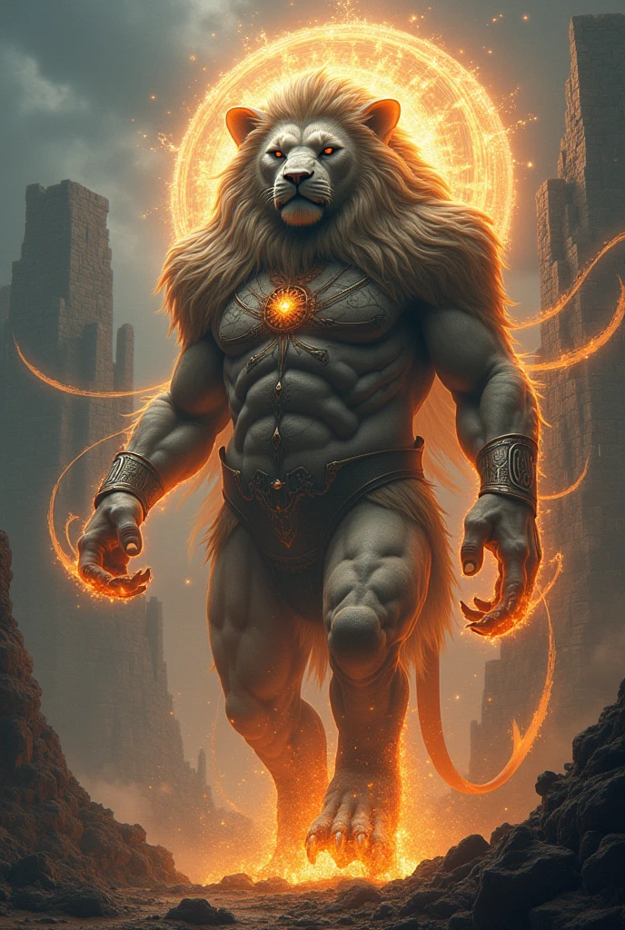 Tall bolt upright gnostic demiurge yaldabaoth abraxas lion headed with serpent body and eyes with flames with the big sun on the background shining with light as whole it is made of sunlight