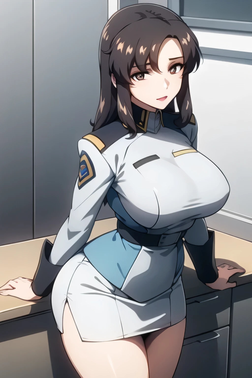 1 girl、Beautiful officer of the Earth Federation Army、short black hair,Idol-level cuteness、Accurately draw faces、Plump body,Huge breasts、Healthy Thigh Skirt Earth Federation Forces、knee height、Inside the space station bridge、anatomically correct、Precise fingers、Photo realism,Sunlight,Smile,Smile