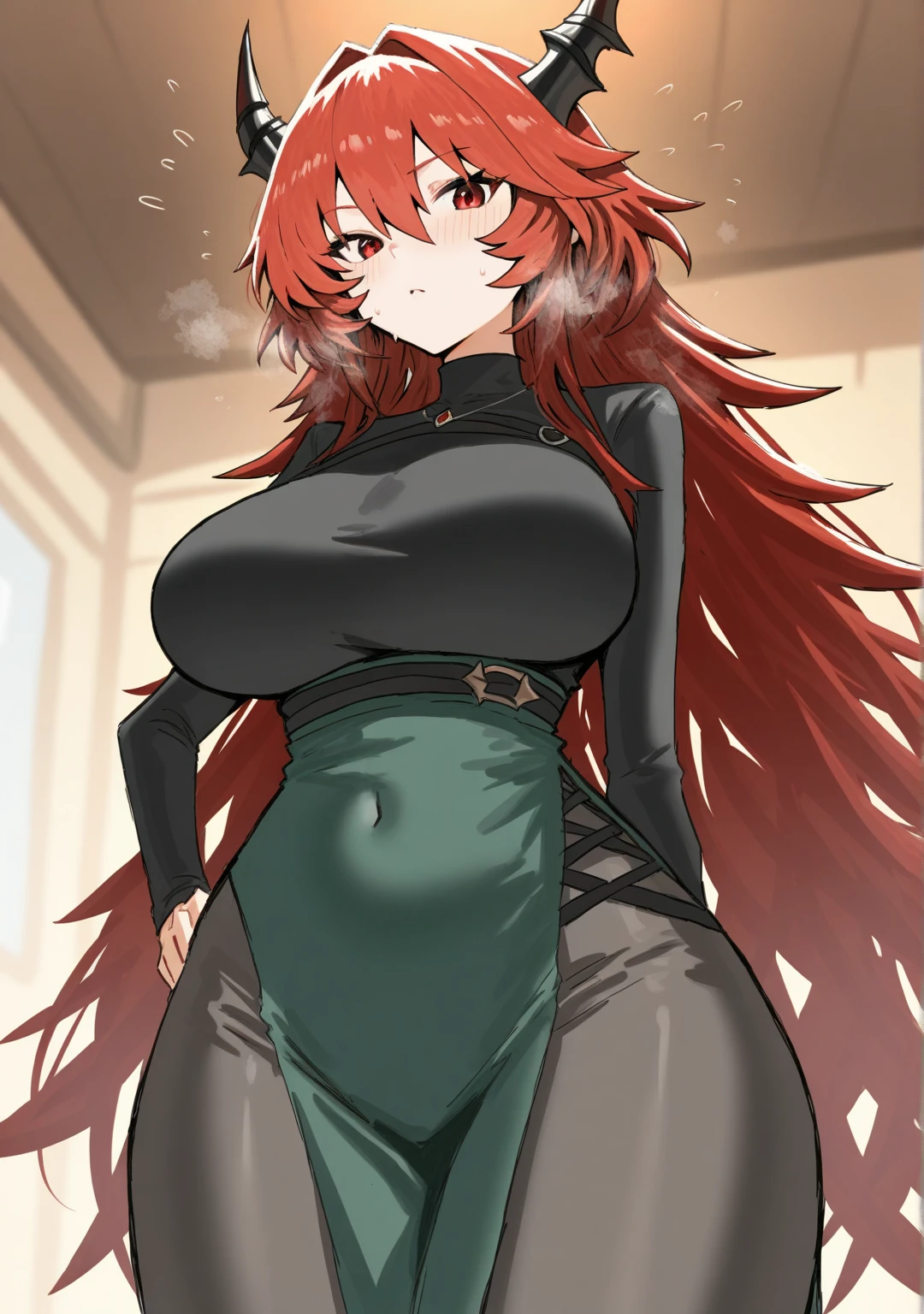 {{Artist: Sincos}} 1girl,anime, mature female,red hair, long hair, green eyes, long green and white dress, indoors, bedroom, laying, strech arms towards camera, smiling, medieval fantasy, age 30 - 40,curvy, busty,huge breast, cleavage, sharp features, prominent lips, mature face, Gold necklace,milf, Mother,hug,smooch to camera