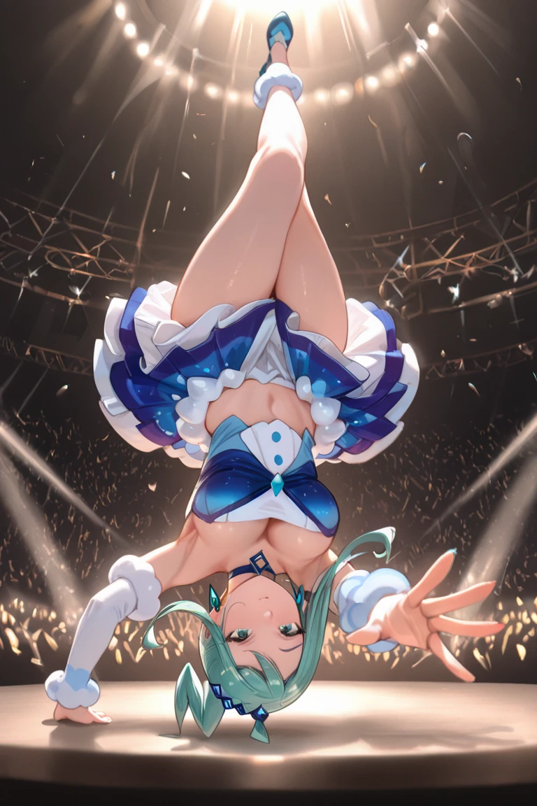 Beautiful girl with long light blue hair, twin tails, rhythmic gymnastics ribbon, cute white leotard, bright smile